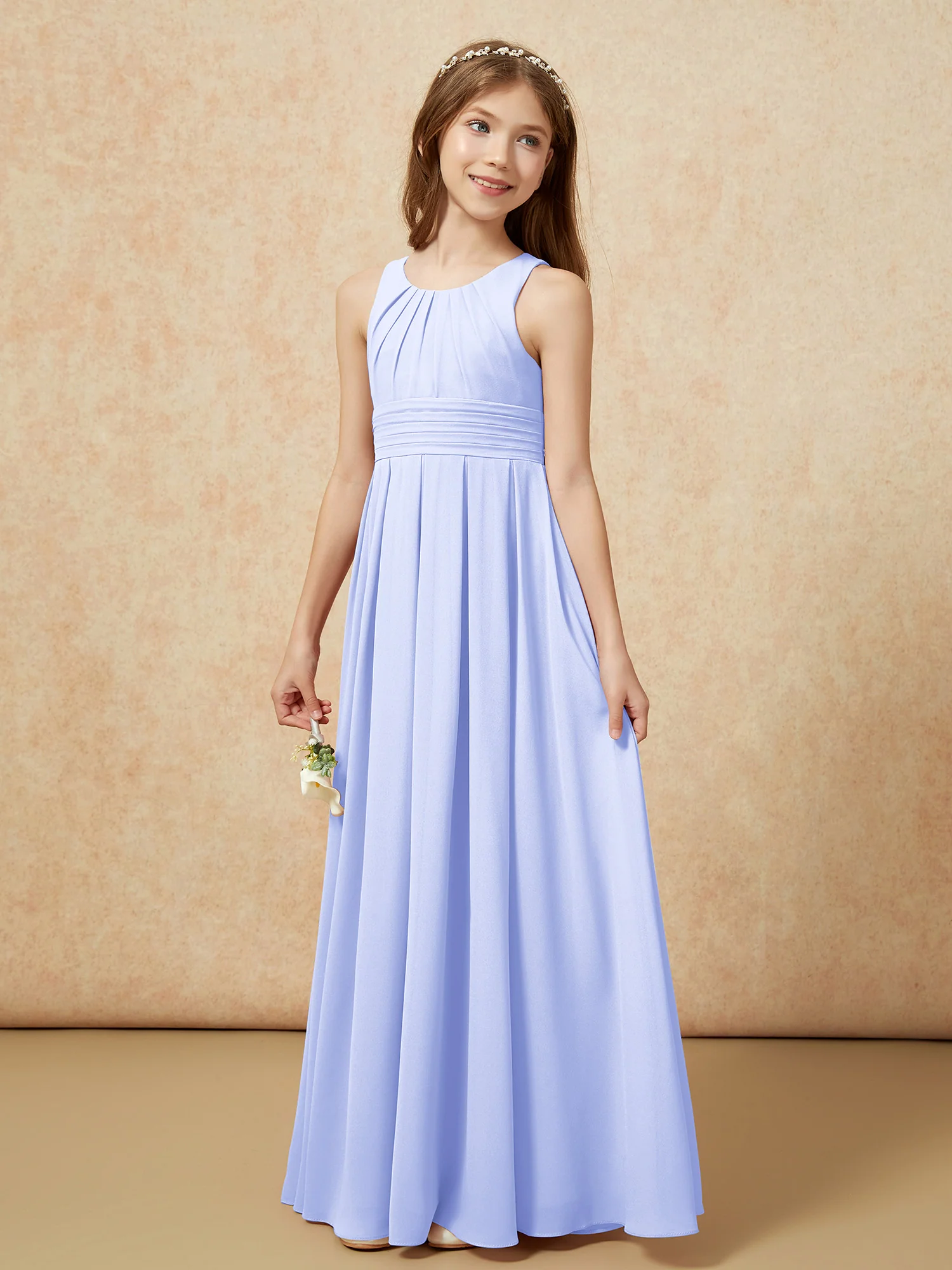 Scoop Neck Pleated Long Junior Bridesmaid Dresses Lavender - Image 3