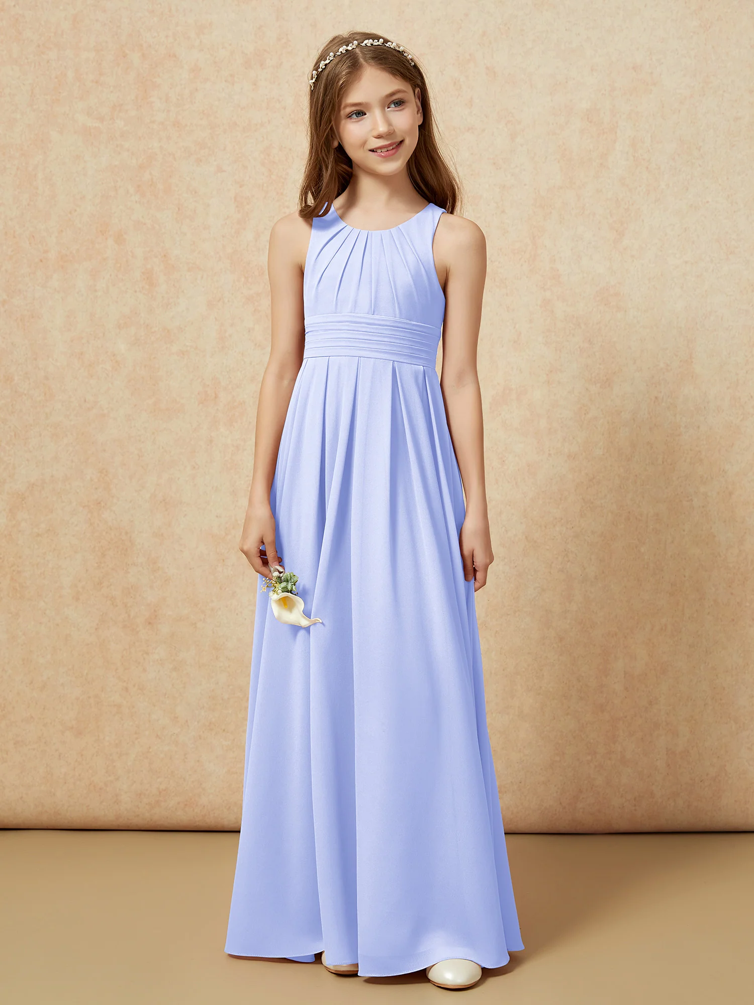 Scoop Neck Pleated Long Junior Bridesmaid Dresses Lavender - Image 4