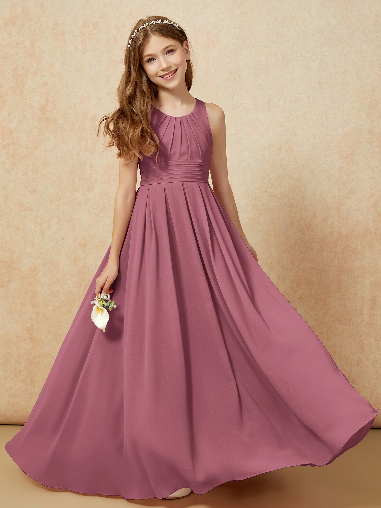 Scoop Neck Pleated Long Junior Bridesmaid Dresses Mulberry