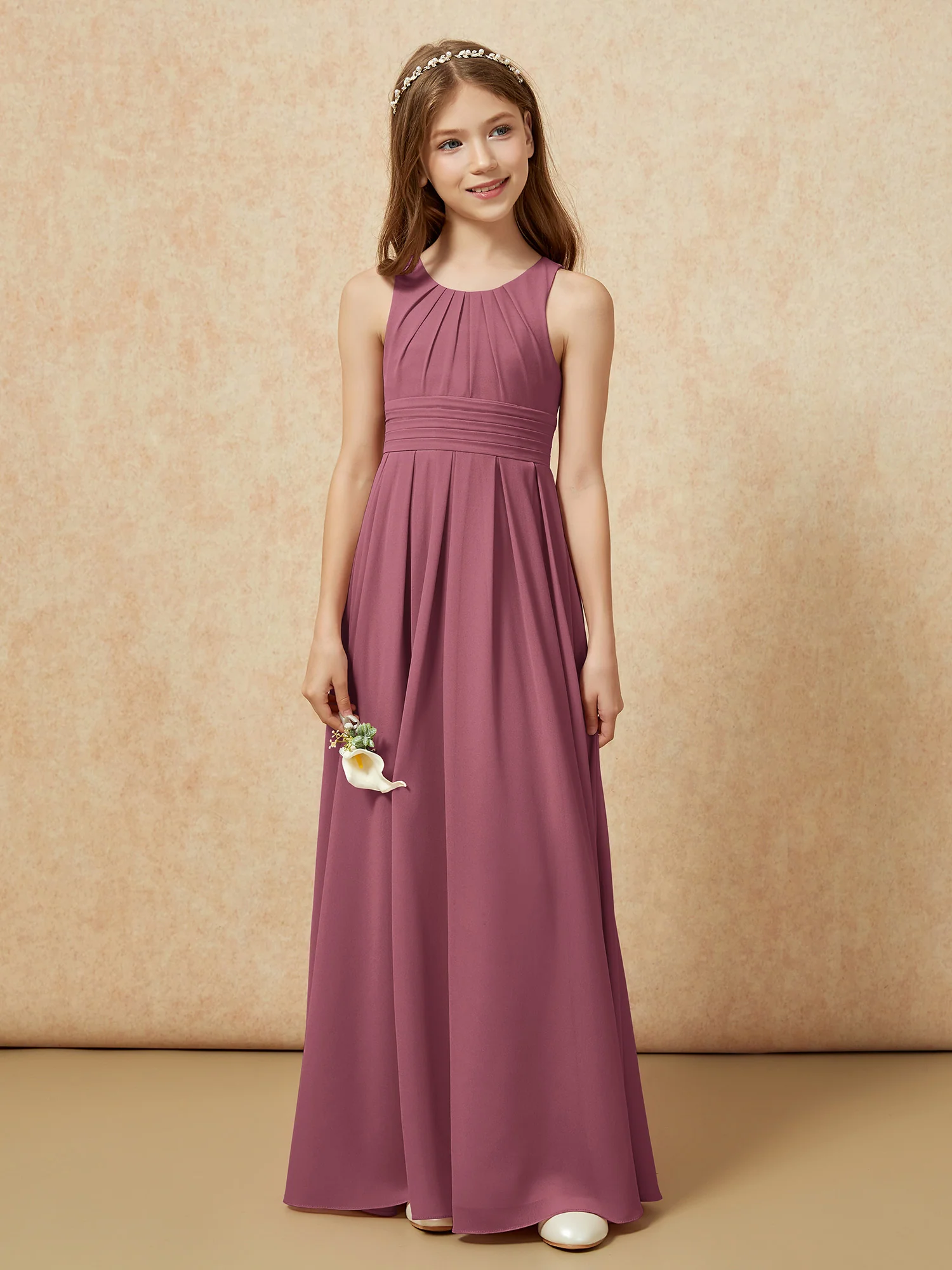 Scoop Neck Pleated Long Junior Bridesmaid Dresses Mulberry - Image 4