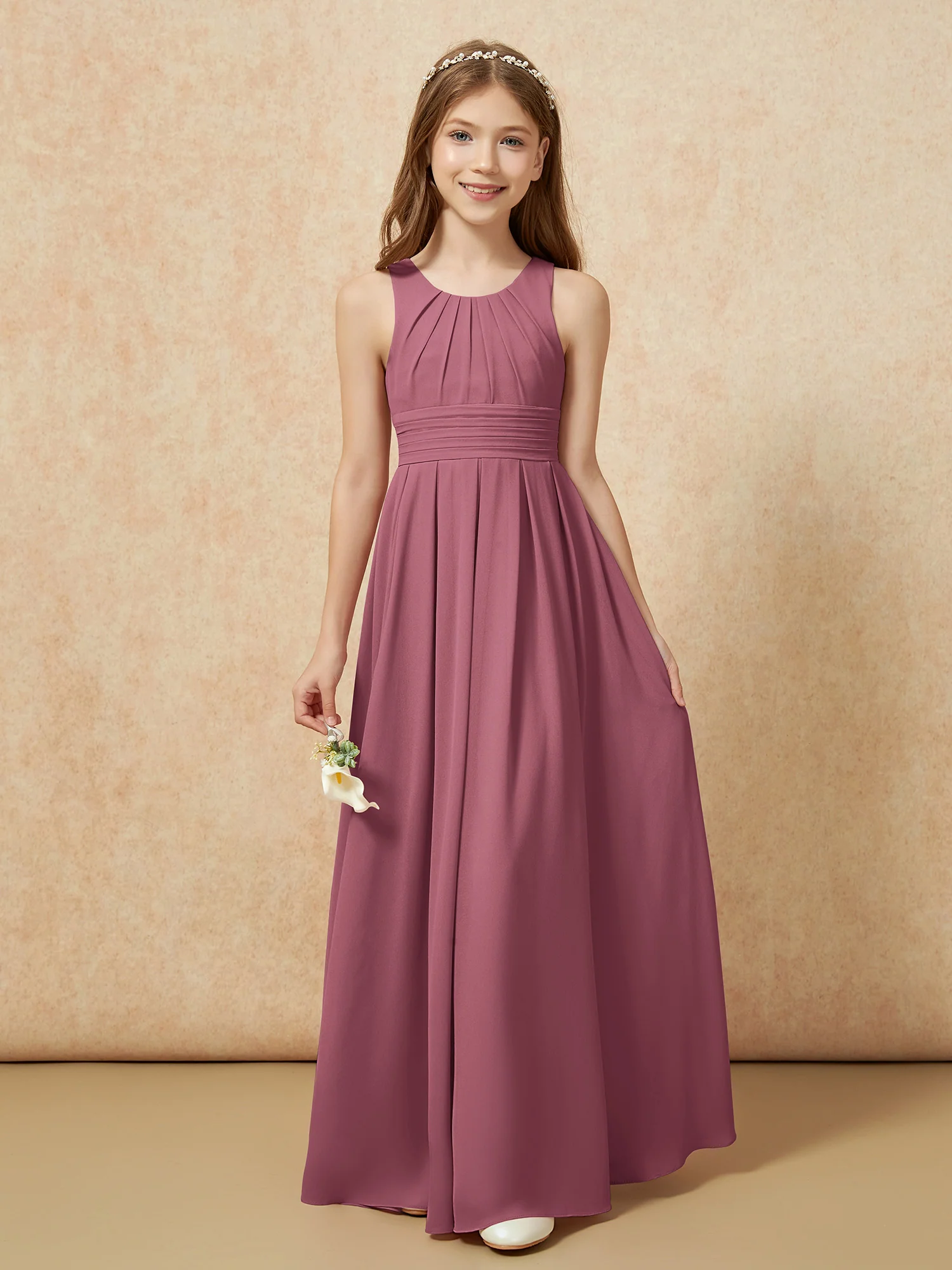 Scoop Neck Pleated Long Junior Bridesmaid Dresses Mulberry - Image 5