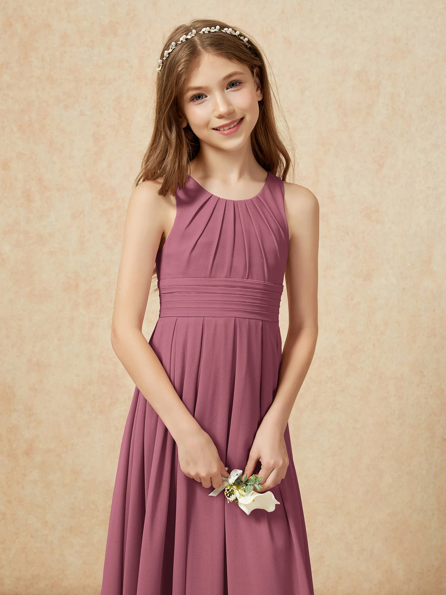 Scoop Neck Pleated Long Junior Bridesmaid Dresses Mulberry - Image 6