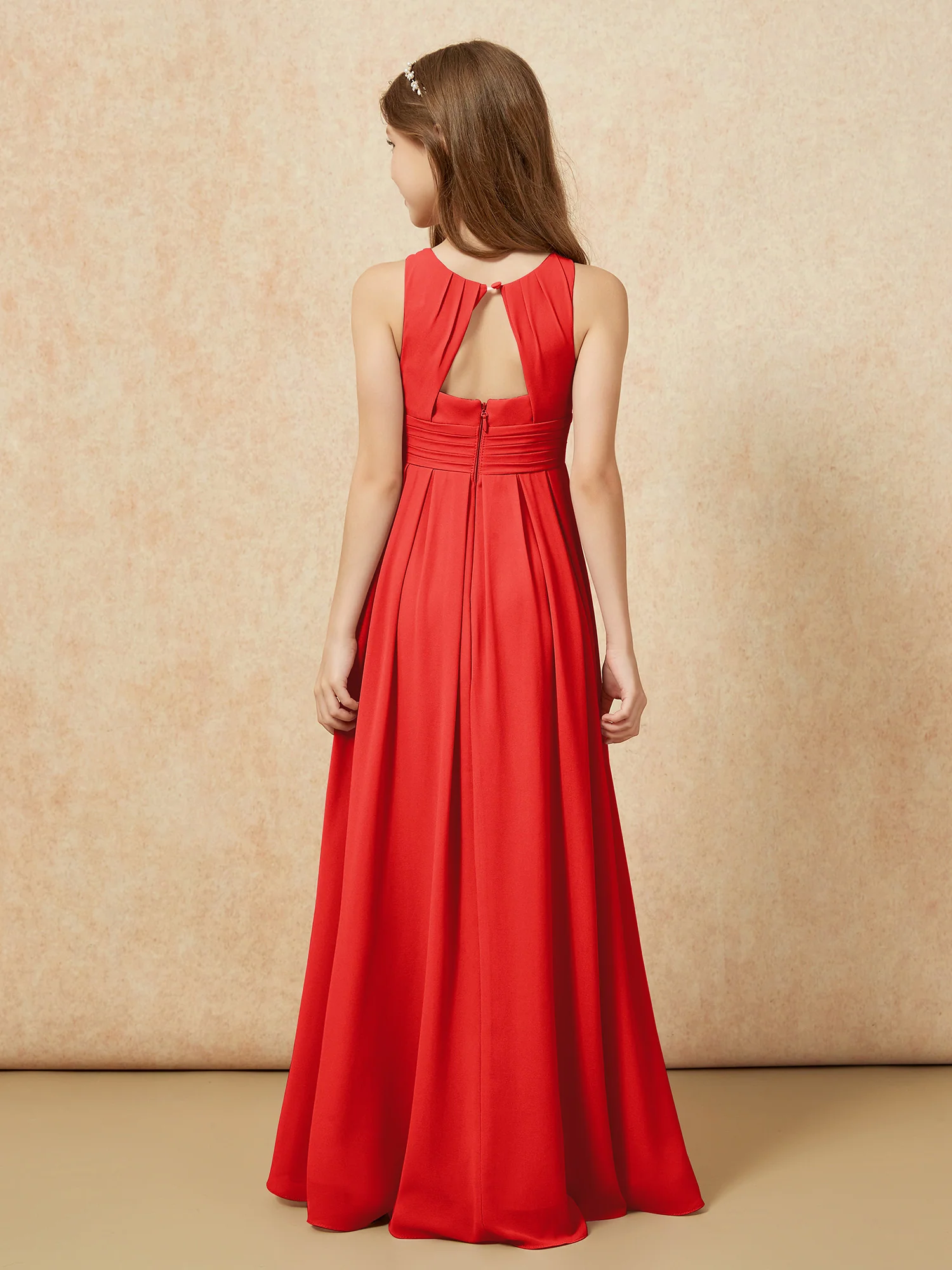 Scoop Neck Pleated Long Junior Bridesmaid Dresses Red - Image 2