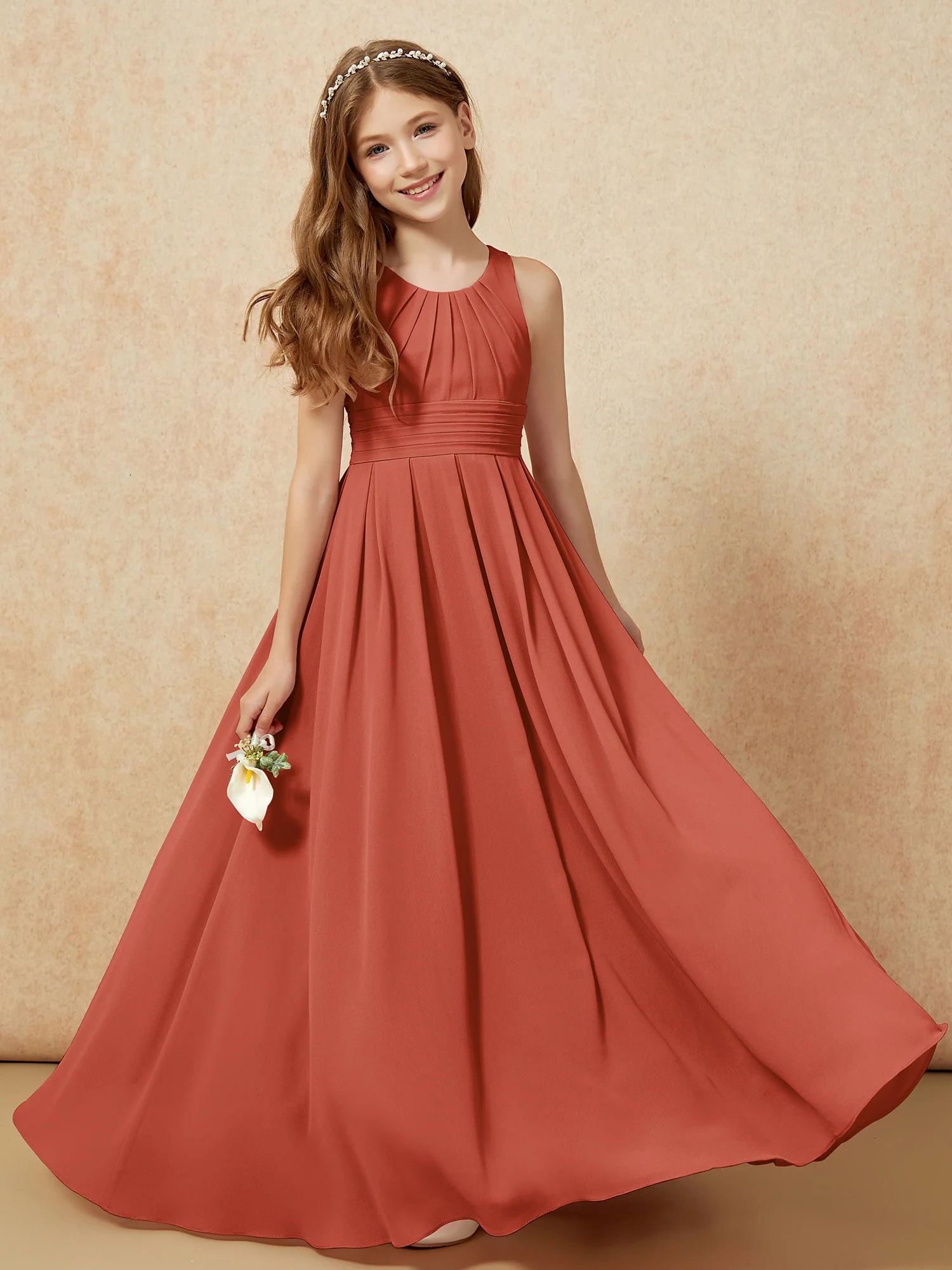Scoop Neck Pleated Long Junior Bridesmaid Dresses Rust