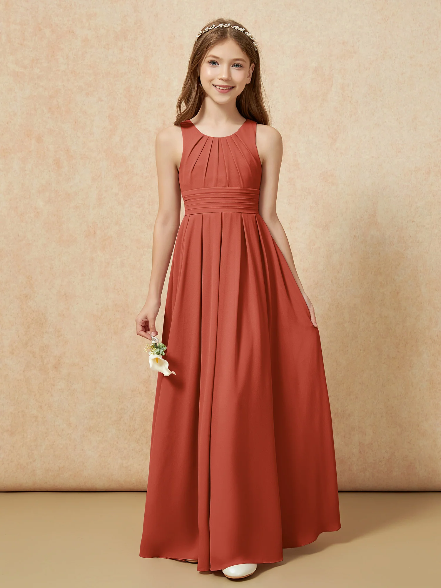 Scoop Neck Pleated Long Junior Bridesmaid Dresses Rust - Image 5