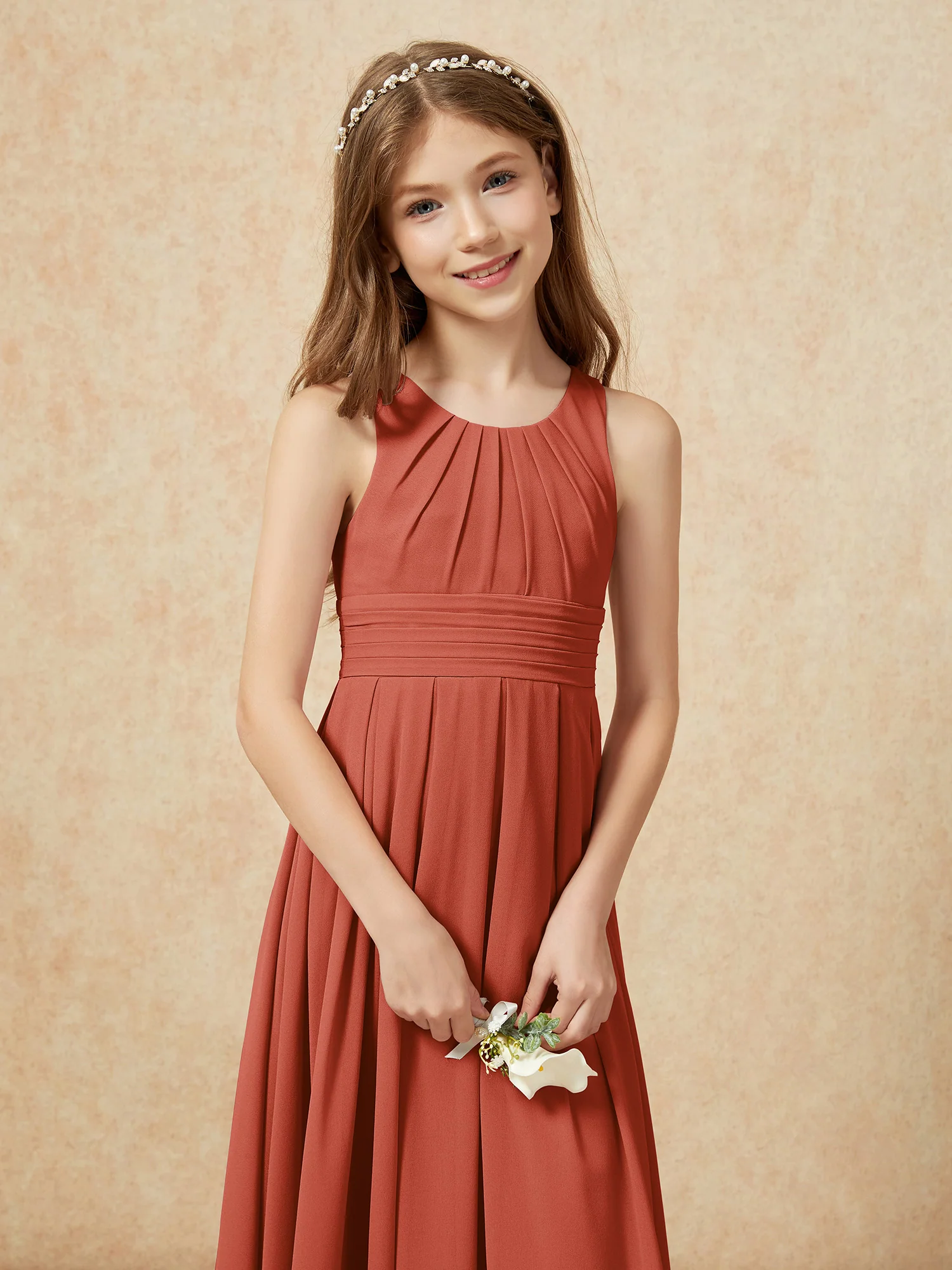 Scoop Neck Pleated Long Junior Bridesmaid Dresses Rust - Image 6