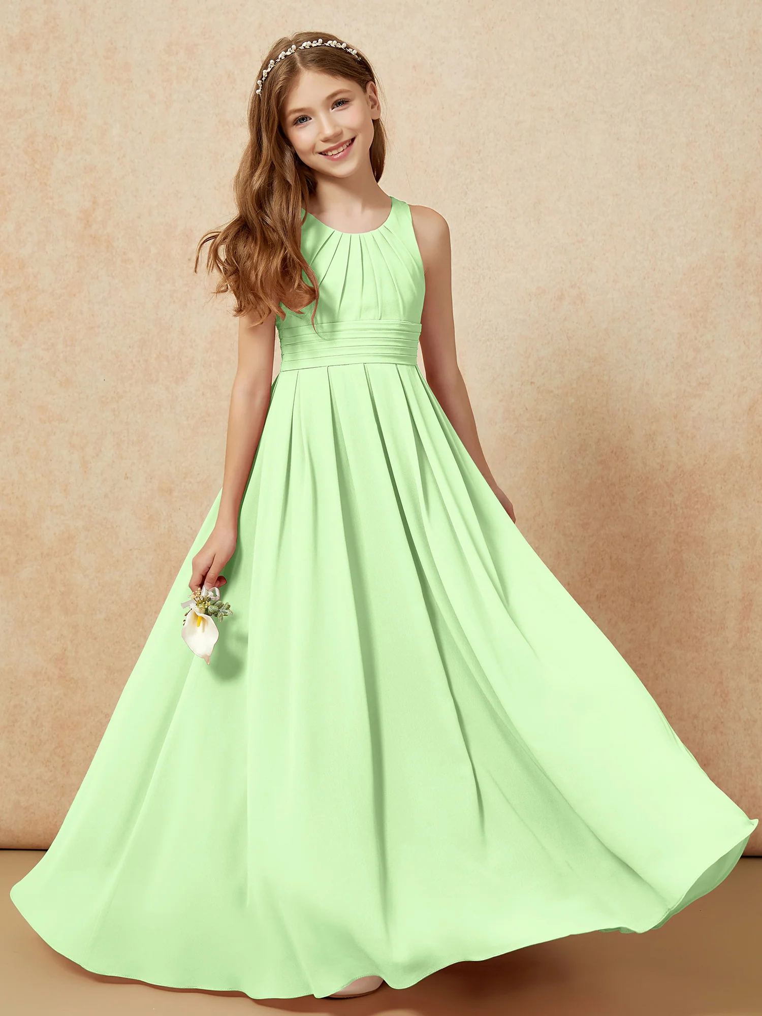 Scoop Neck Pleated Long Junior Bridesmaid Dresses Sage
