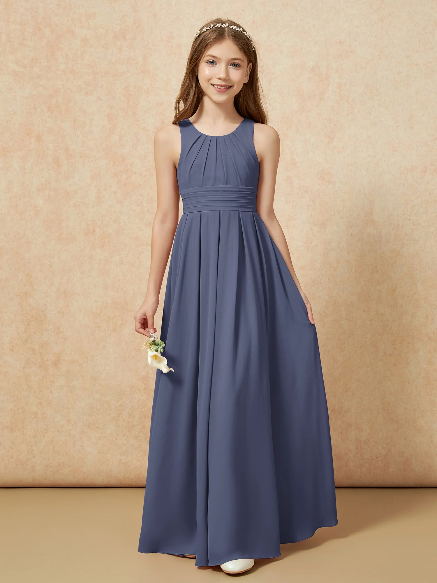 Scoop Neck Pleated Long Junior Bridesmaid Dresses Stormy - Image 5