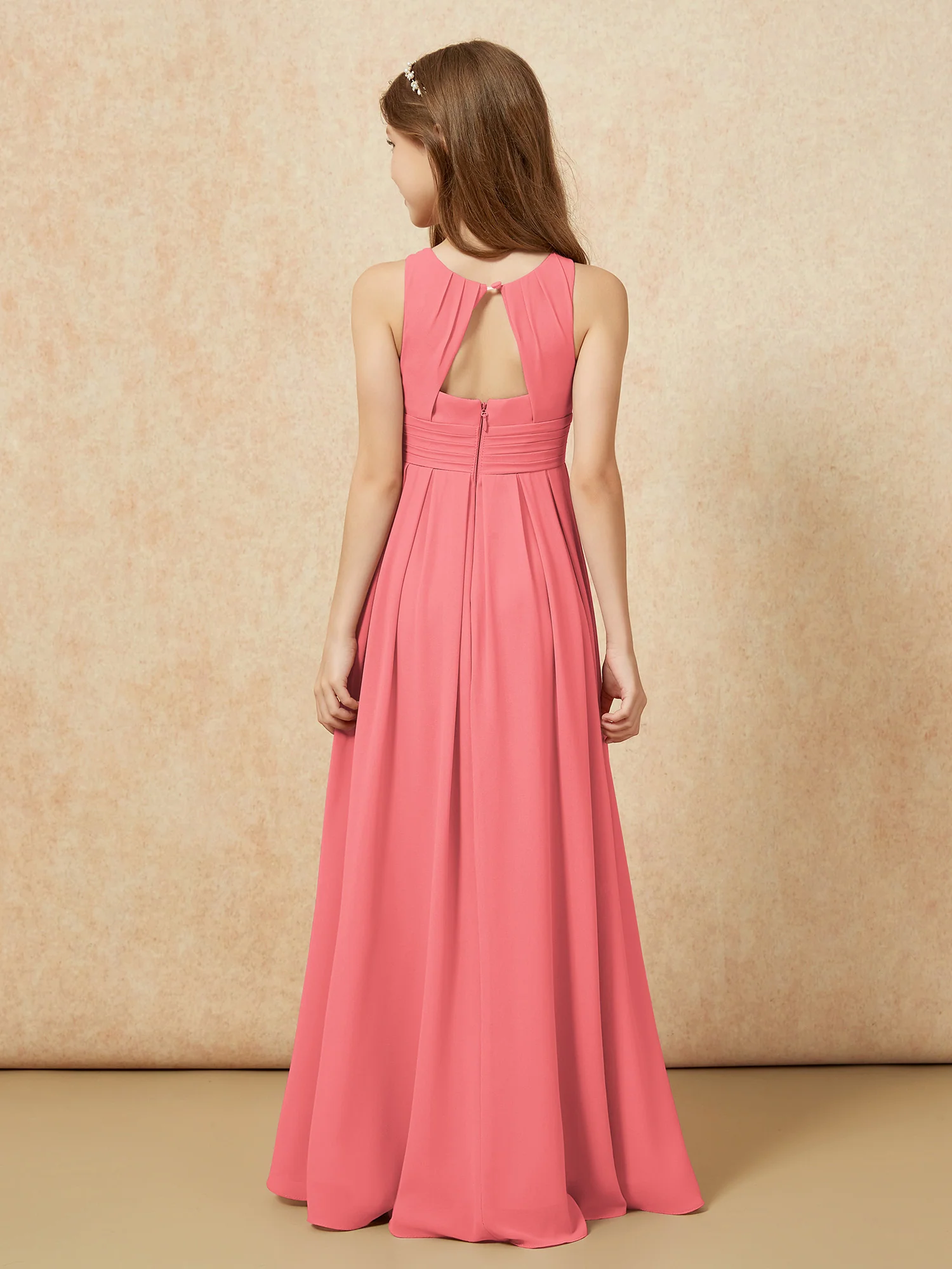 Scoop Neck Pleated Long Junior Bridesmaid Dresses Watermelon - Image 2