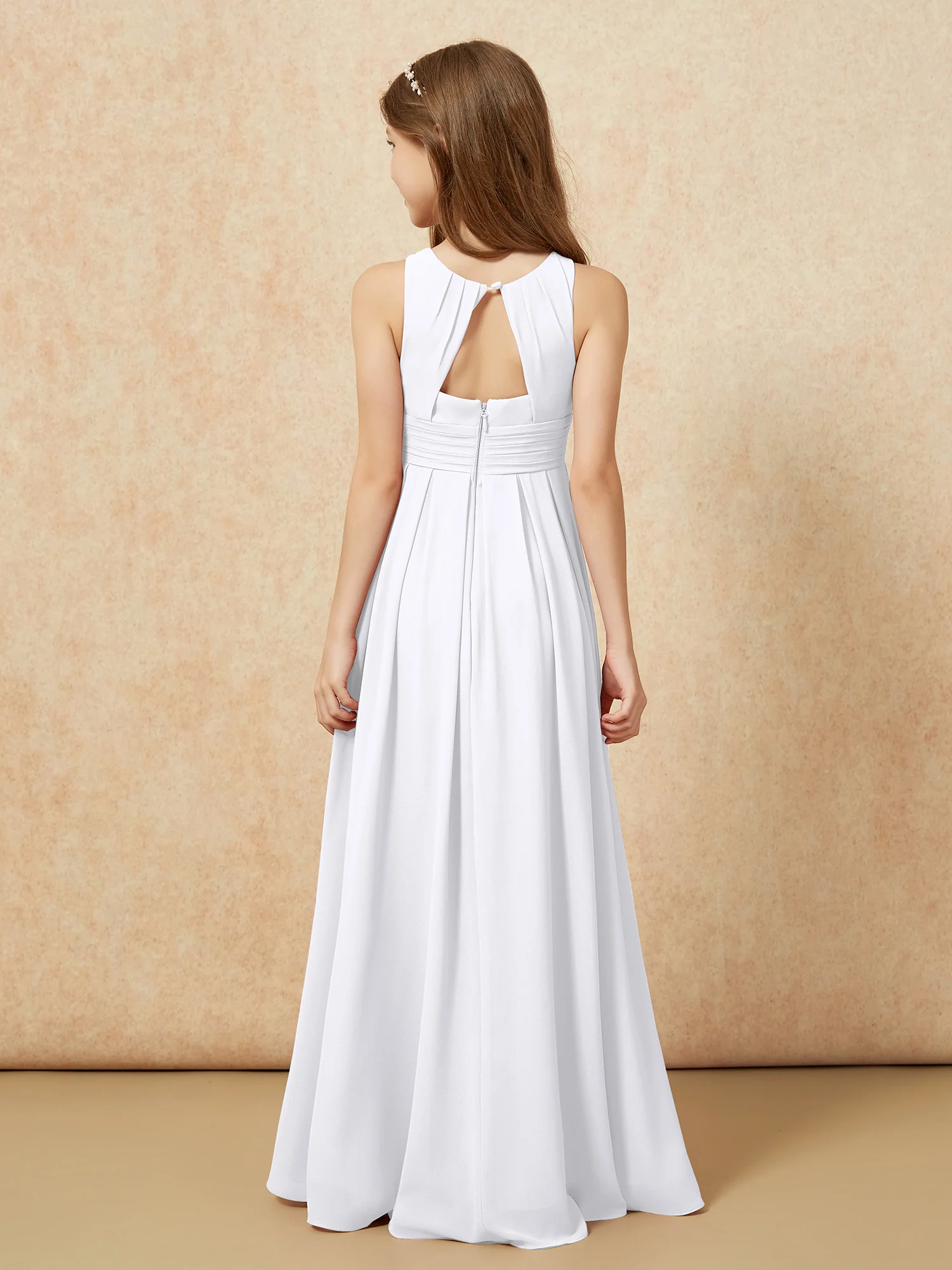 Scoop Neck Pleated Long Junior Bridesmaid Dresses White - Image 2