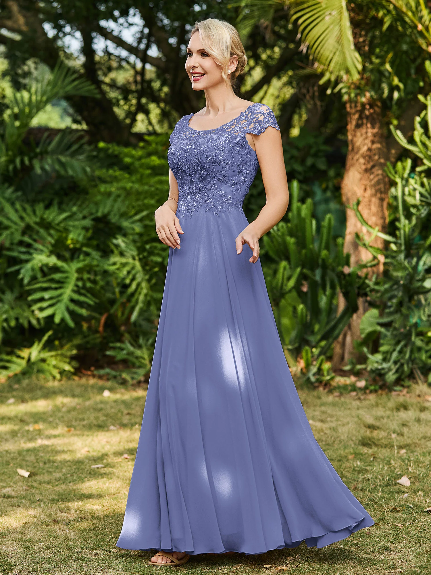 Scoop Neckline Appliqued A-line Chiffon Dress Periwinkle - Image 3