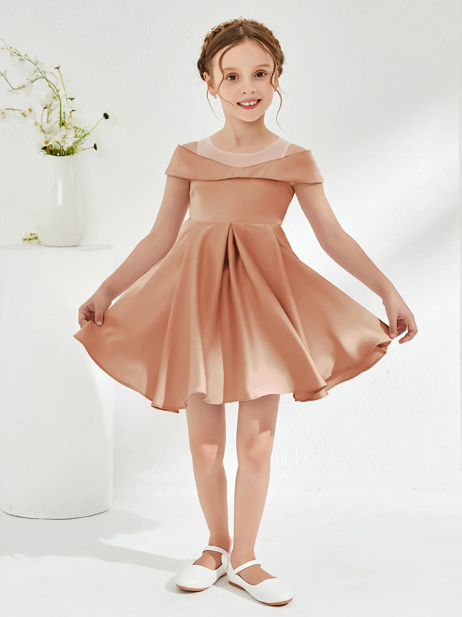 Scoop Off the Shoulder Knee-Length Girl's Dress Bronzer
