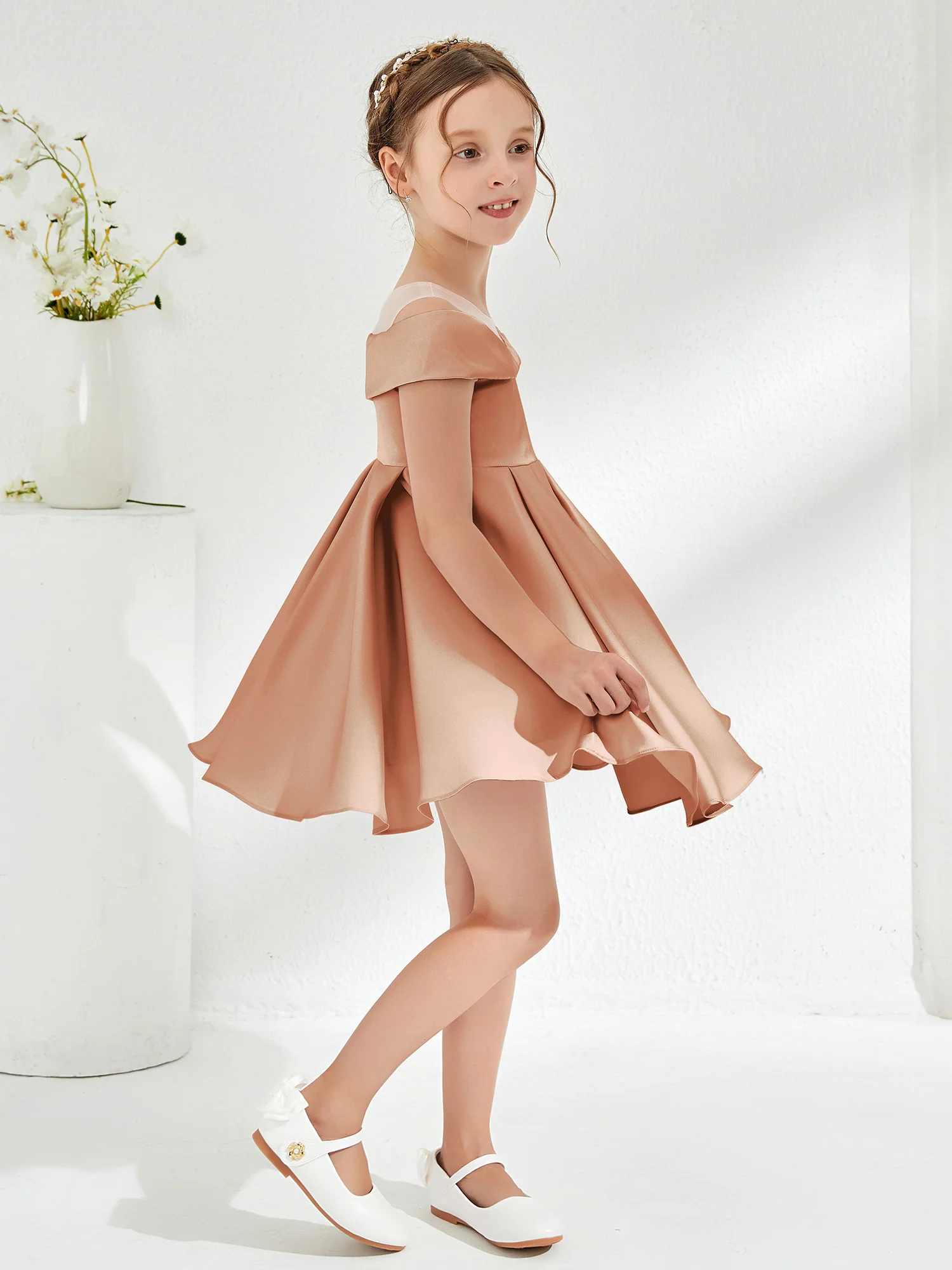 Scoop Off the Shoulder Knee-Length Girl's Dress Bronzer - Image 3