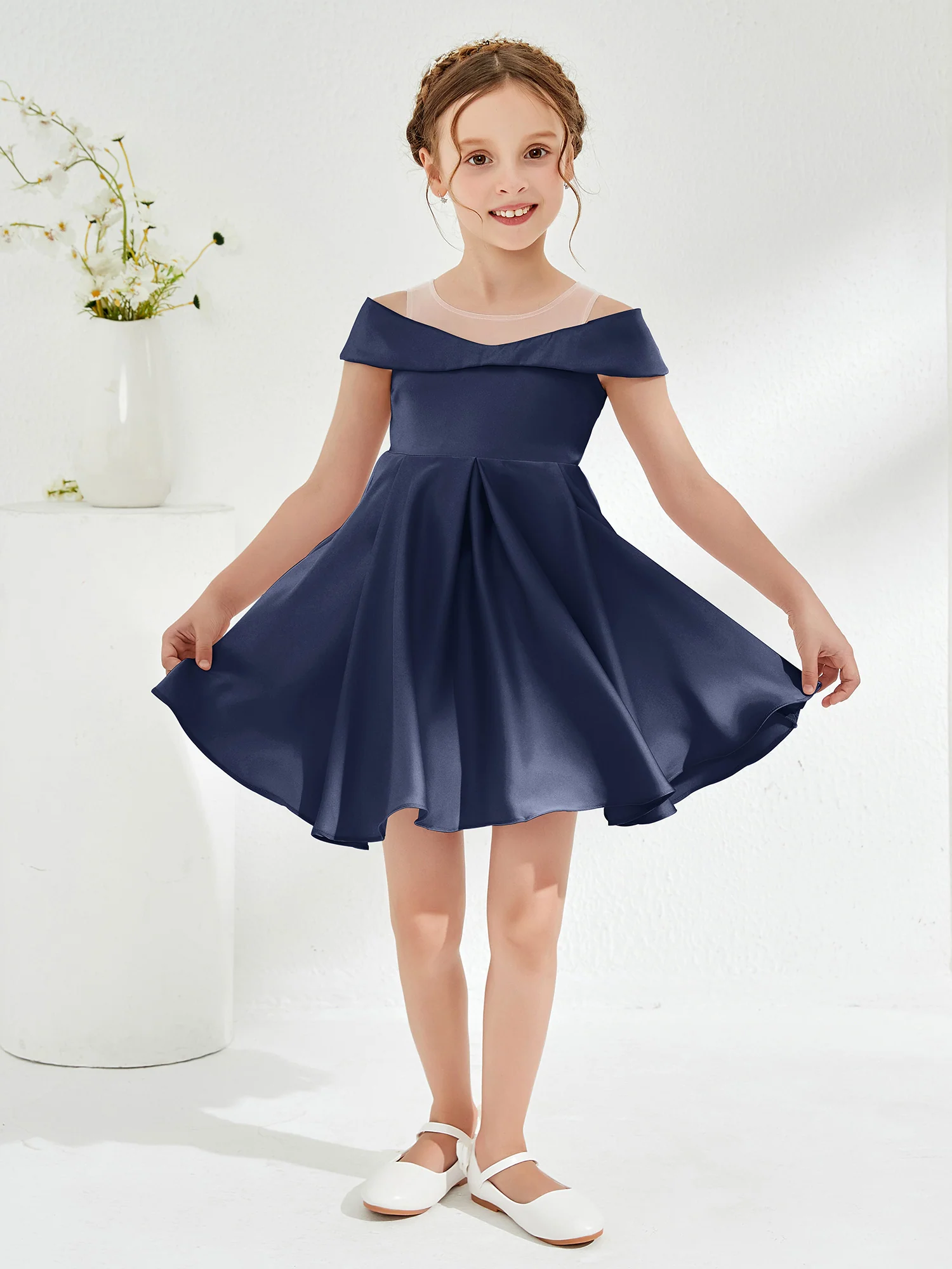 Scoop Off the Shoulder Knee-Length Girl's Dress Dark Navy