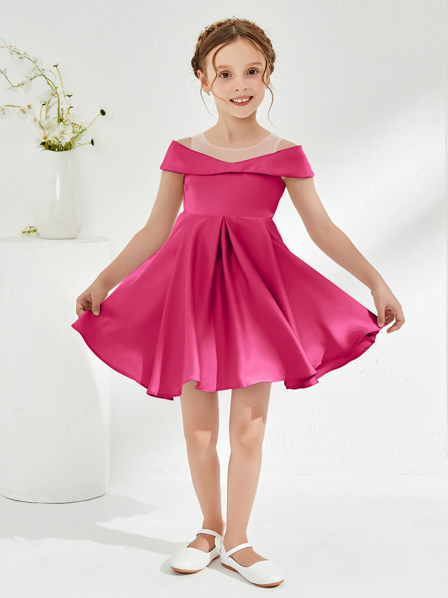 Scoop Off the Shoulder Knee-Length Girl's Dress Fuchsia