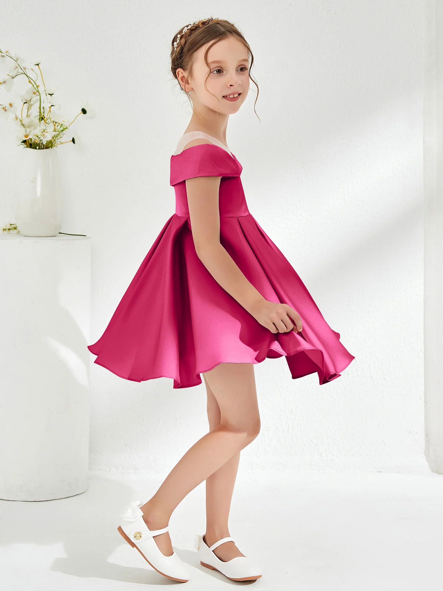 Scoop Off the Shoulder Knee-Length Girl's Dress Fuchsia - Image 3