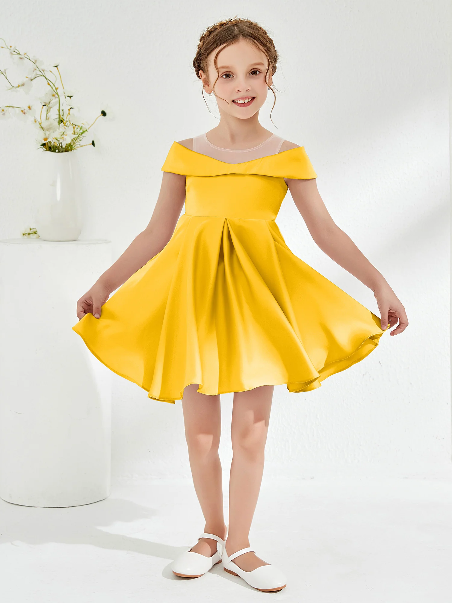 Scoop Off the Shoulder Knee-Length Girl's Dress Marigold