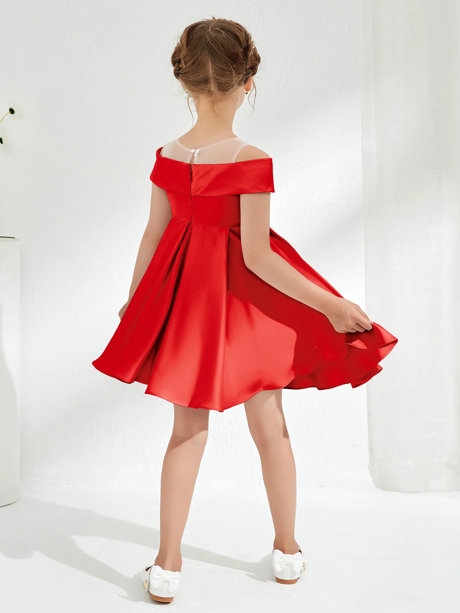 Scoop Off the Shoulder Knee-Length Girl's Dress Red - Image 2
