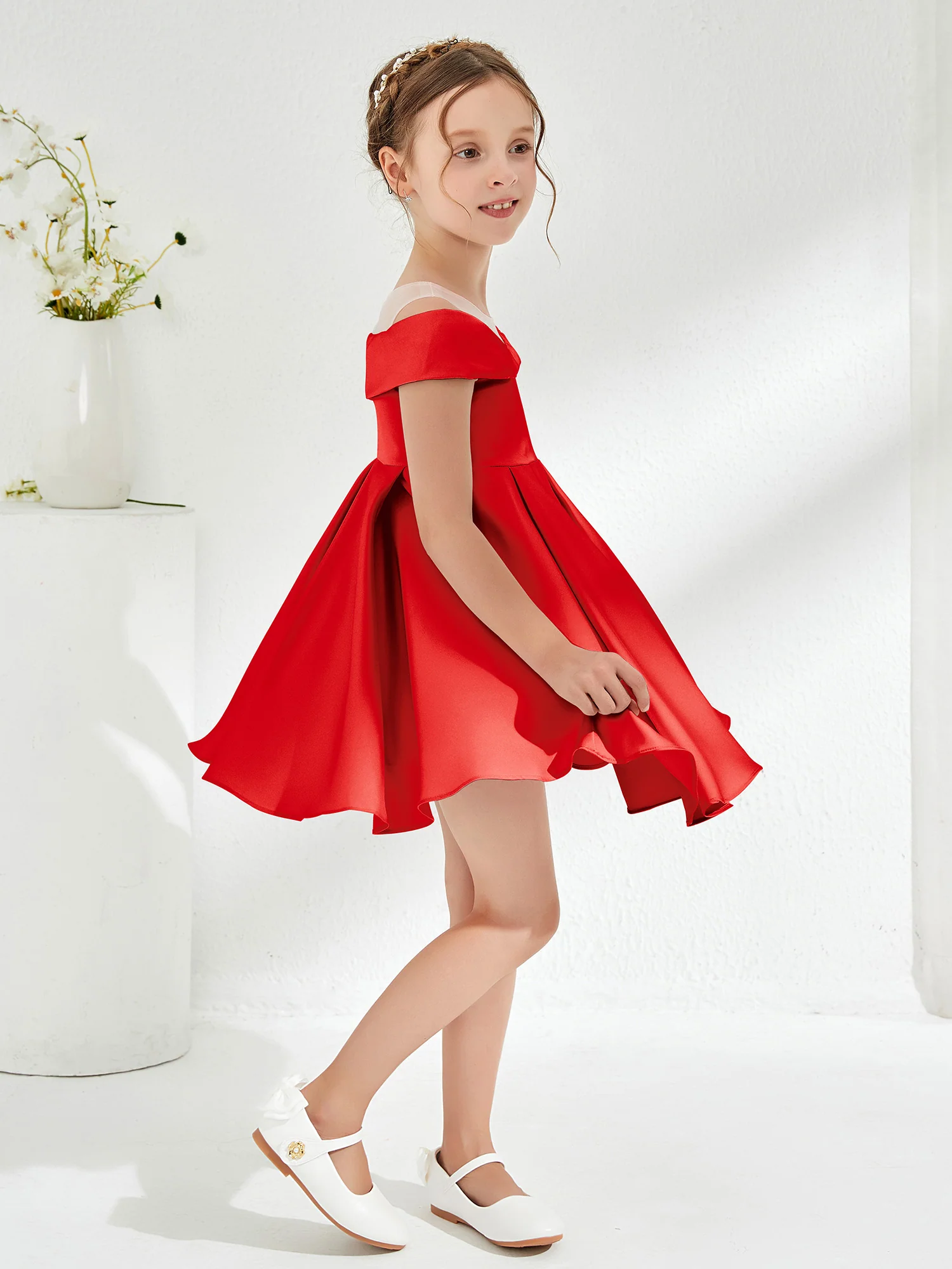 Scoop Off the Shoulder Knee-Length Girl's Dress Red - Image 3