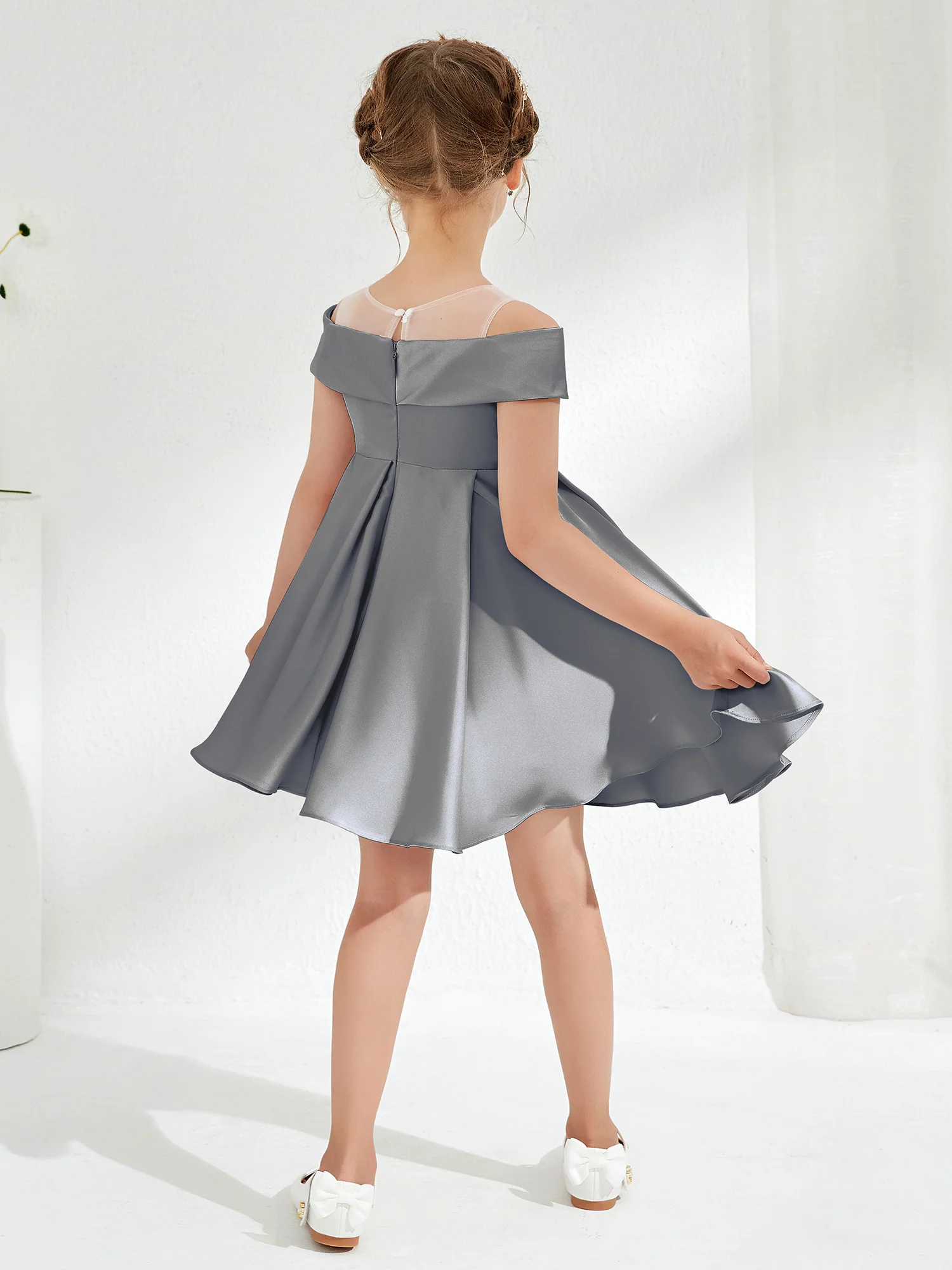 Scoop Off the Shoulder Knee-Length Girl's Dress Steel Grey - Image 2