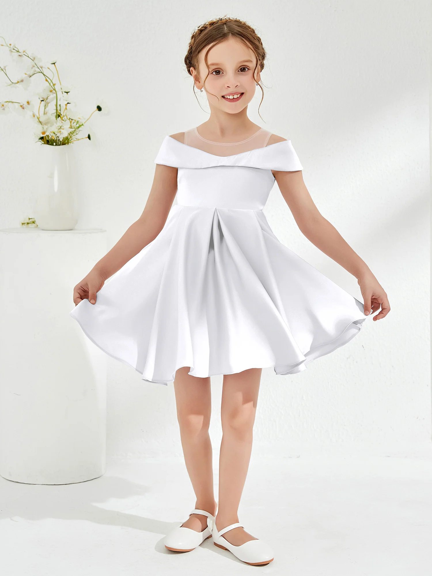 Scoop Off the Shoulder Knee-Length Girl's Dress White