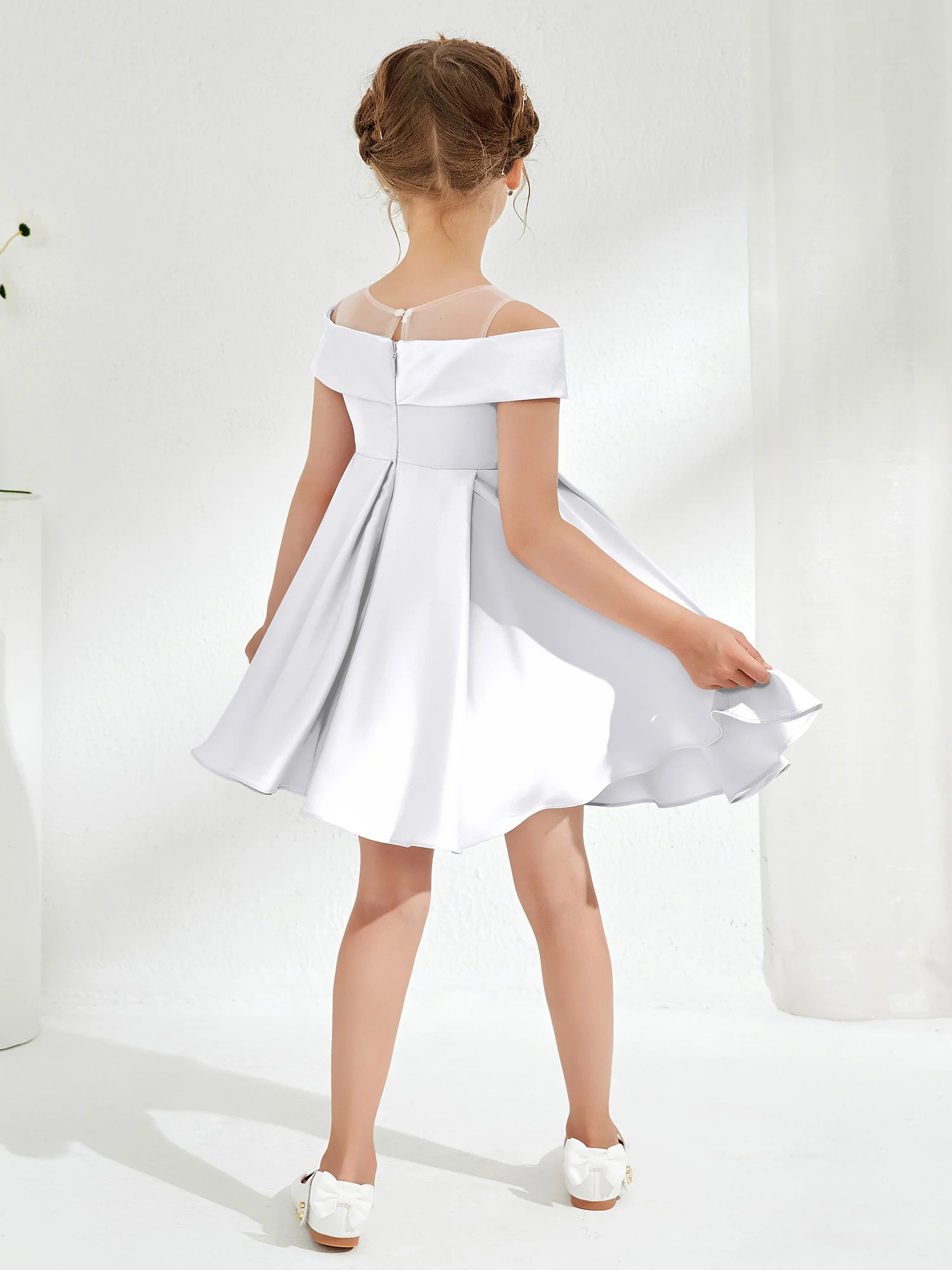 Scoop Off the Shoulder Knee-Length Girl's Dress White - Image 2
