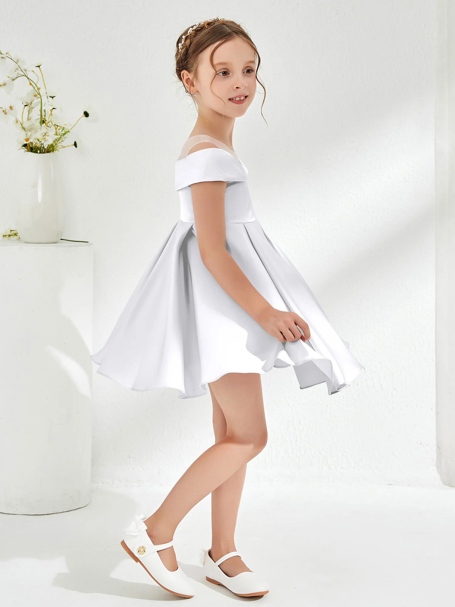 Scoop Off the Shoulder Knee-Length Girl's Dress White - Image 3