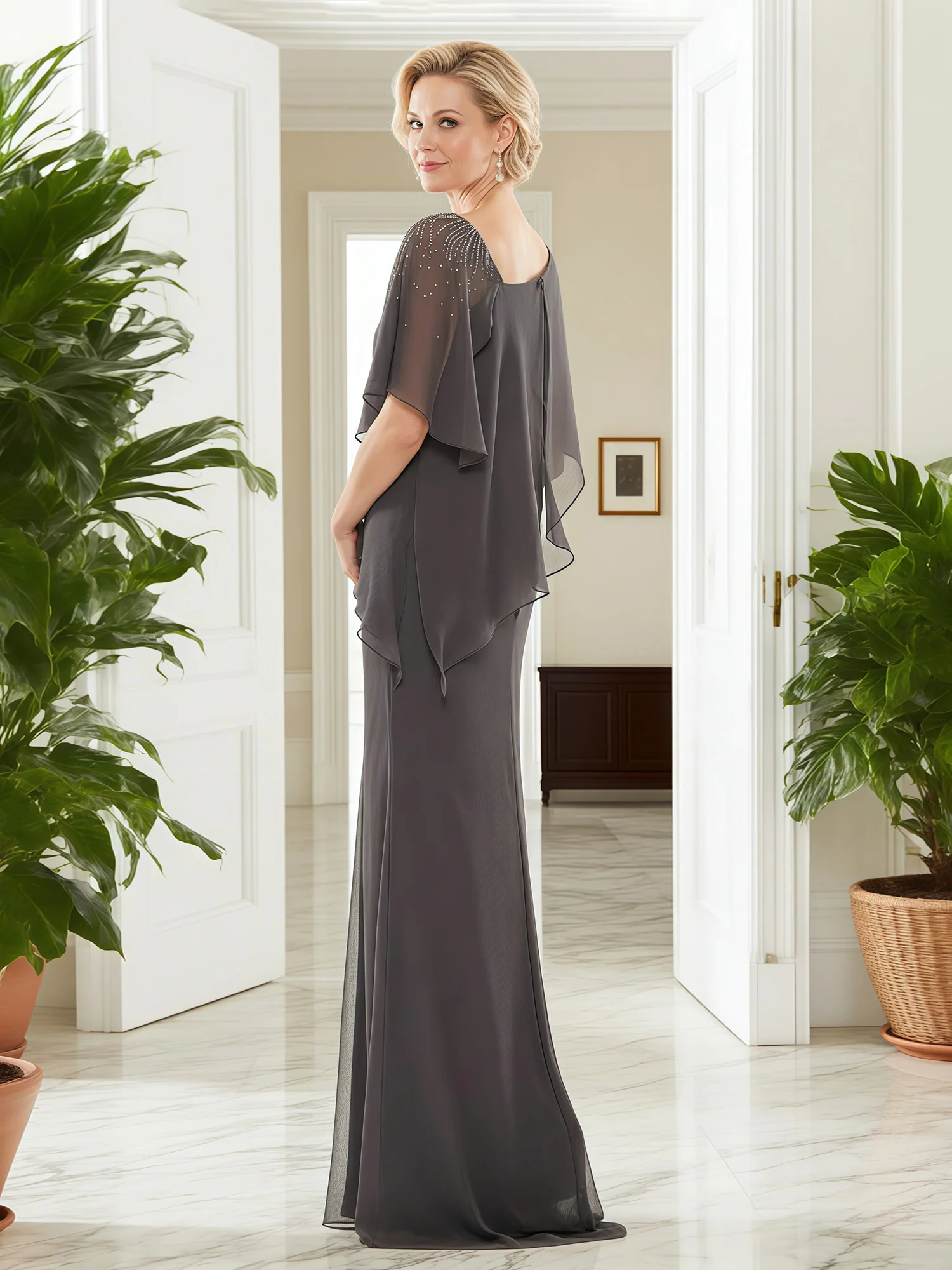 Elegant Waterfall Ruffle Shoulder Attire Steel Grey - Image 2