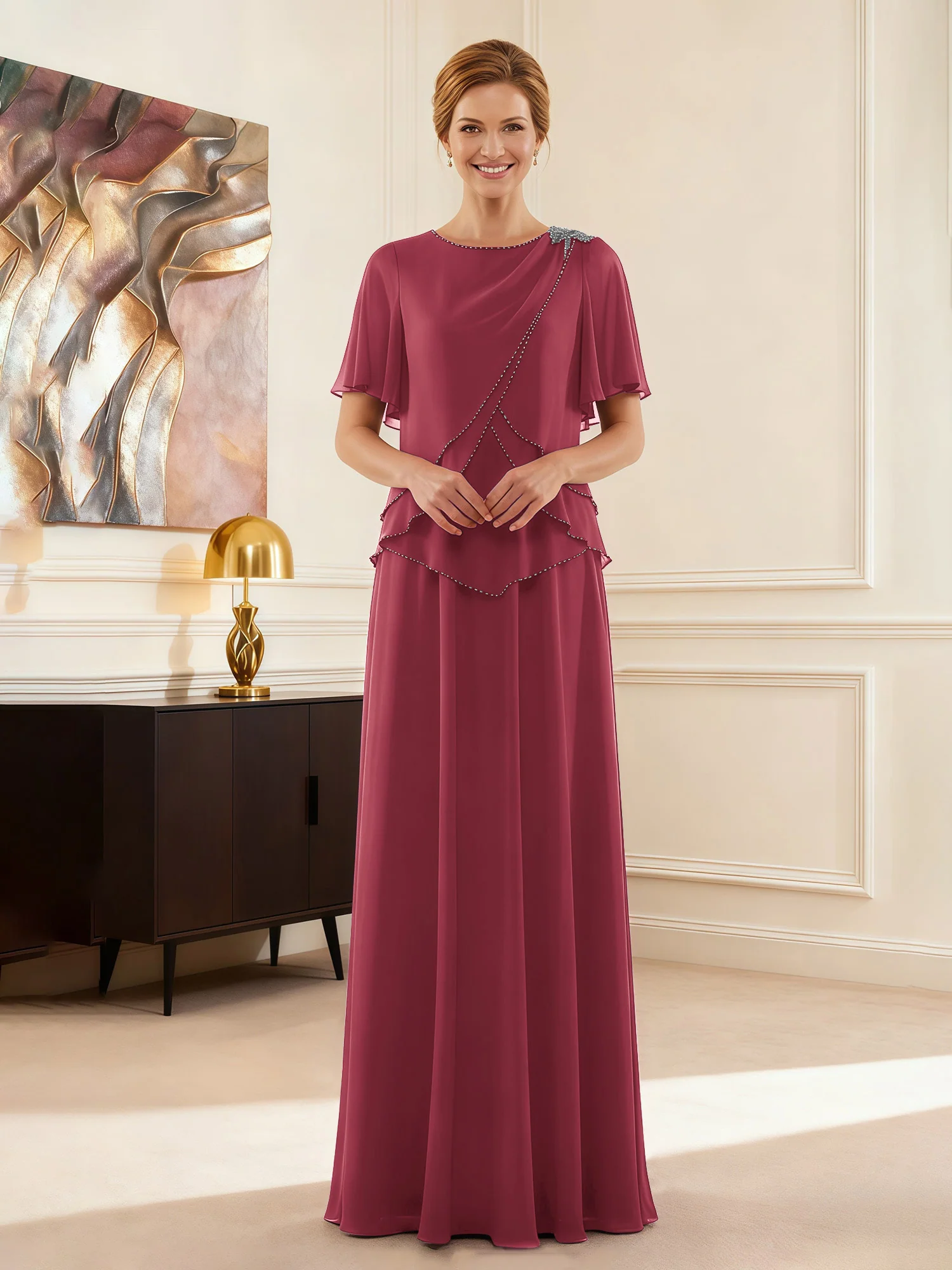 Short Sleeve Jewel Neck Formal Attire Cinnamon Rose