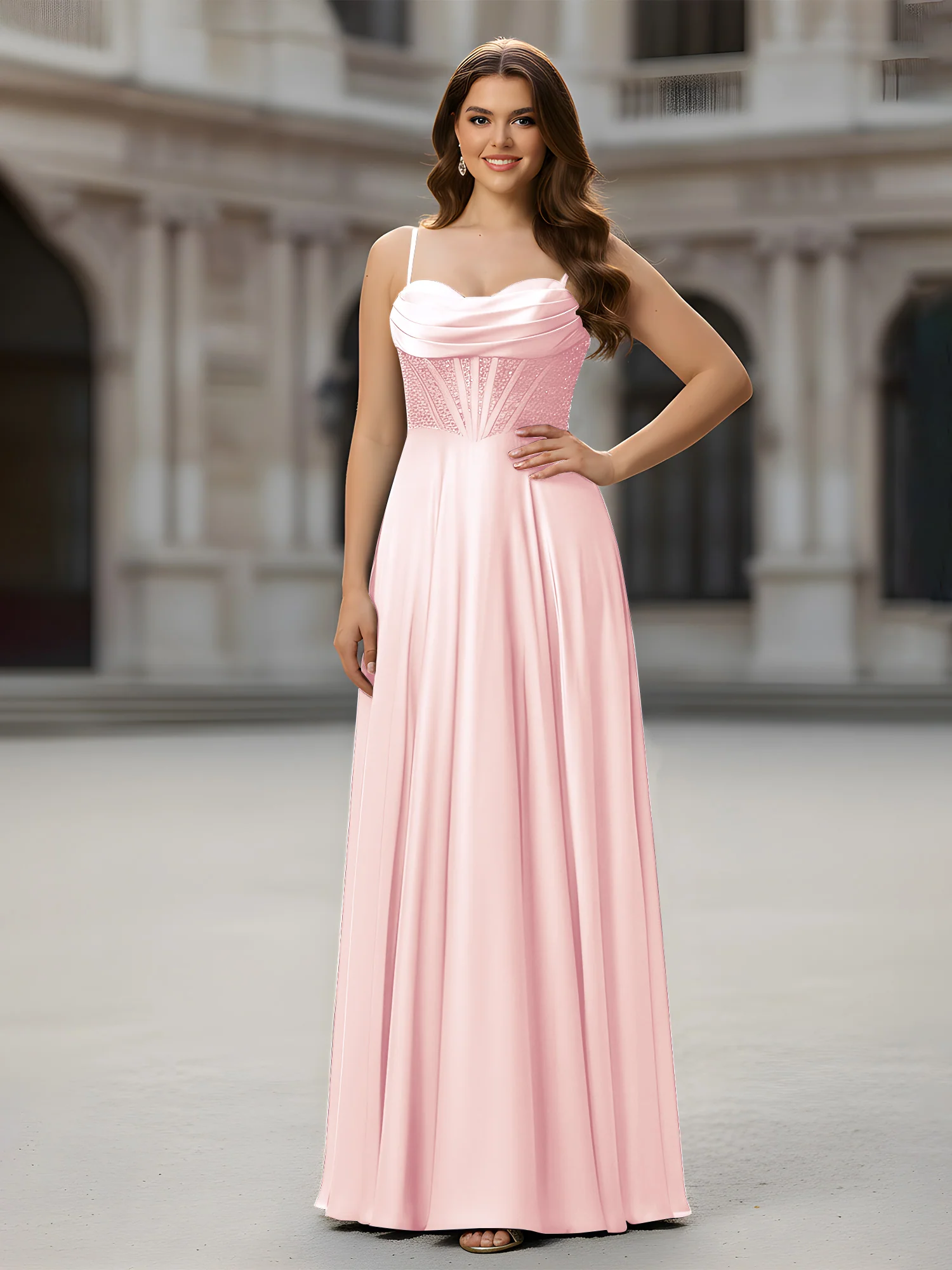 Sweetheart Beaded Bodice A-Line Long Dress Blushing Pink