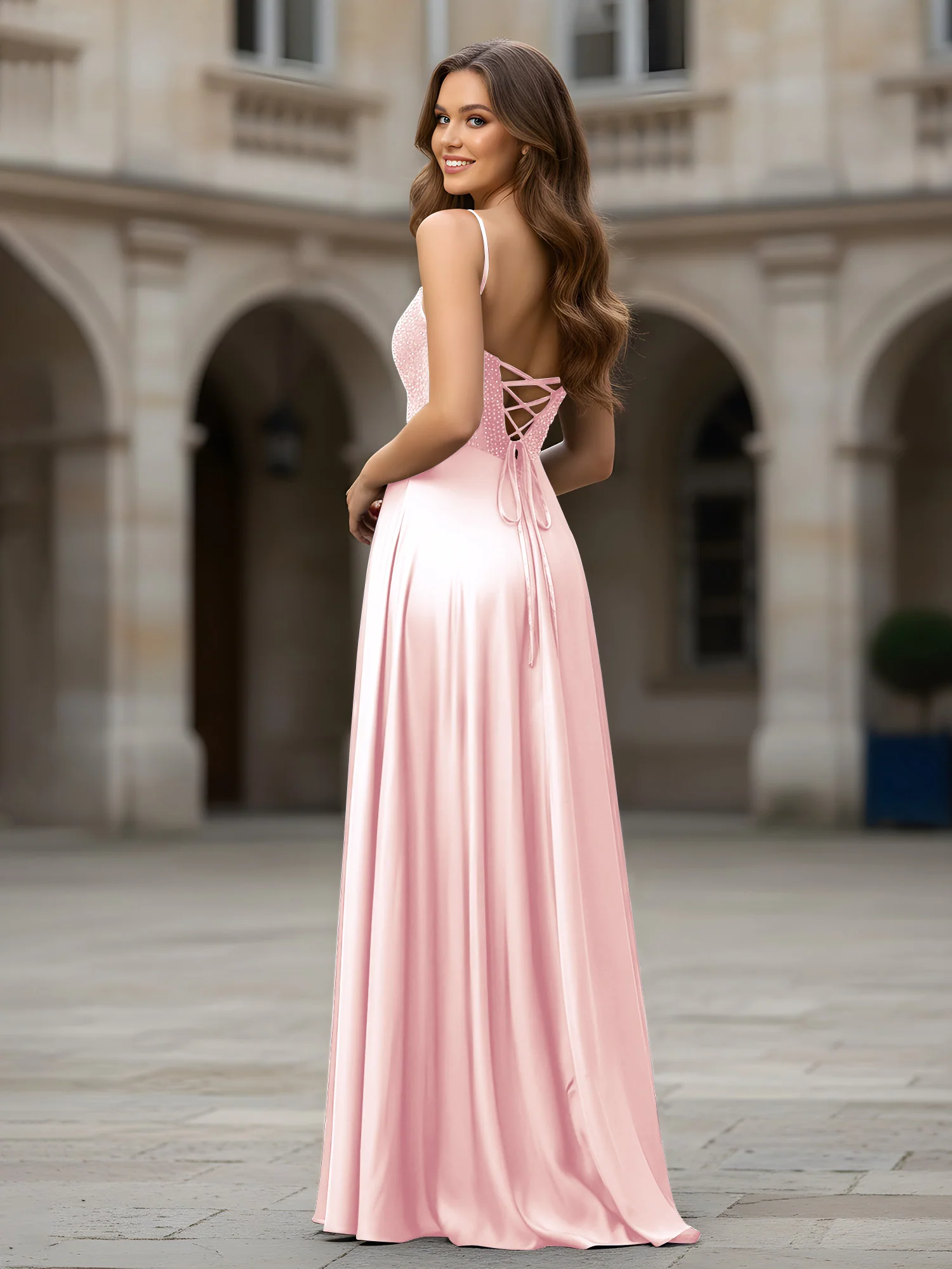 Sweetheart Beaded Bodice A-Line Long Dress Blushing Pink - Image 2