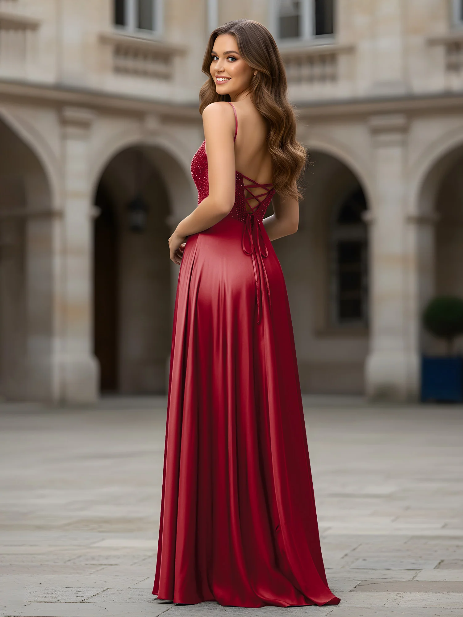 Sweetheart Beaded Bodice A-Line Long Dress Burgundy - Image 2