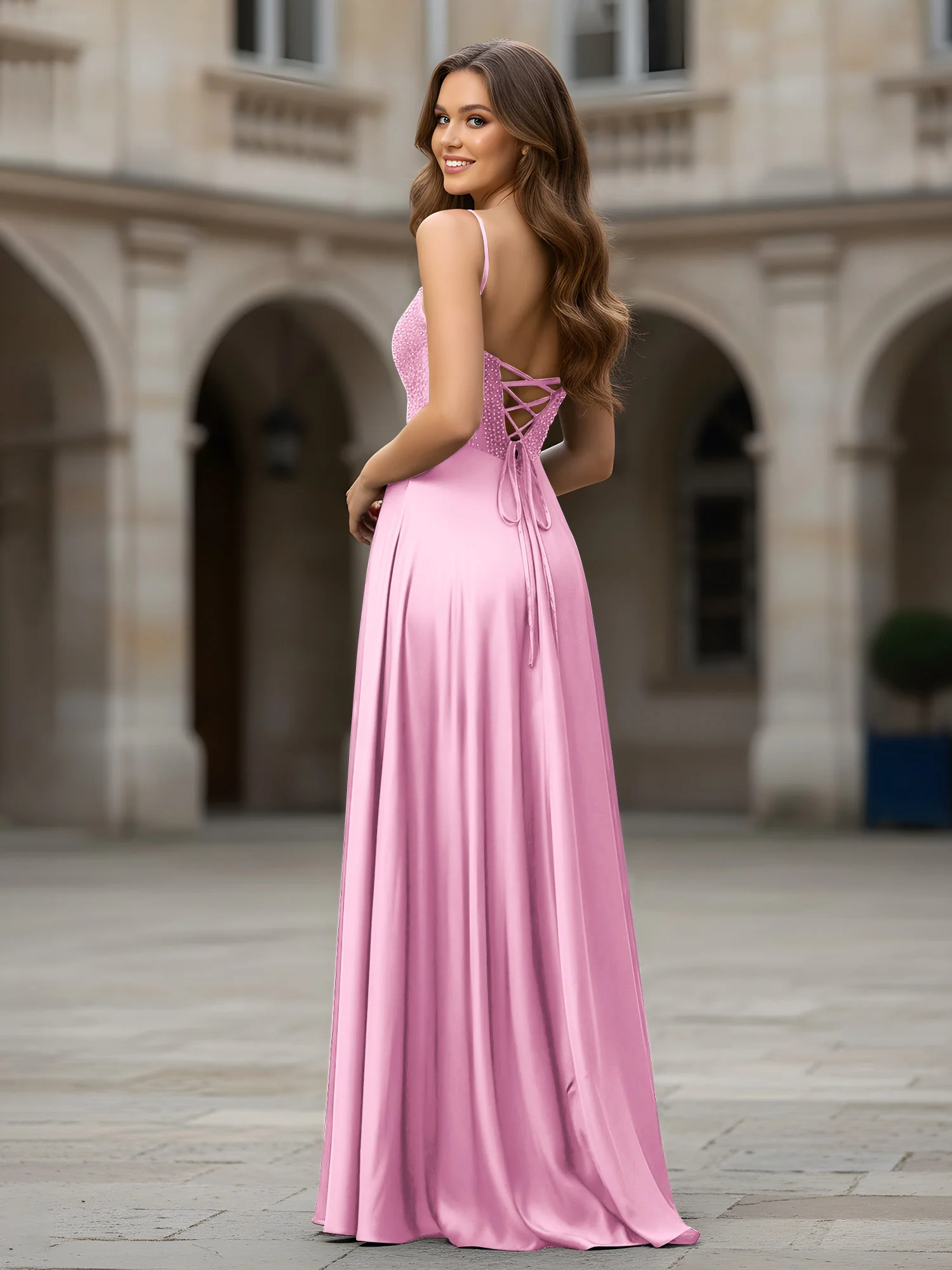Sweetheart Beaded Bodice A-Line Long Dress Candy Pink - Image 2