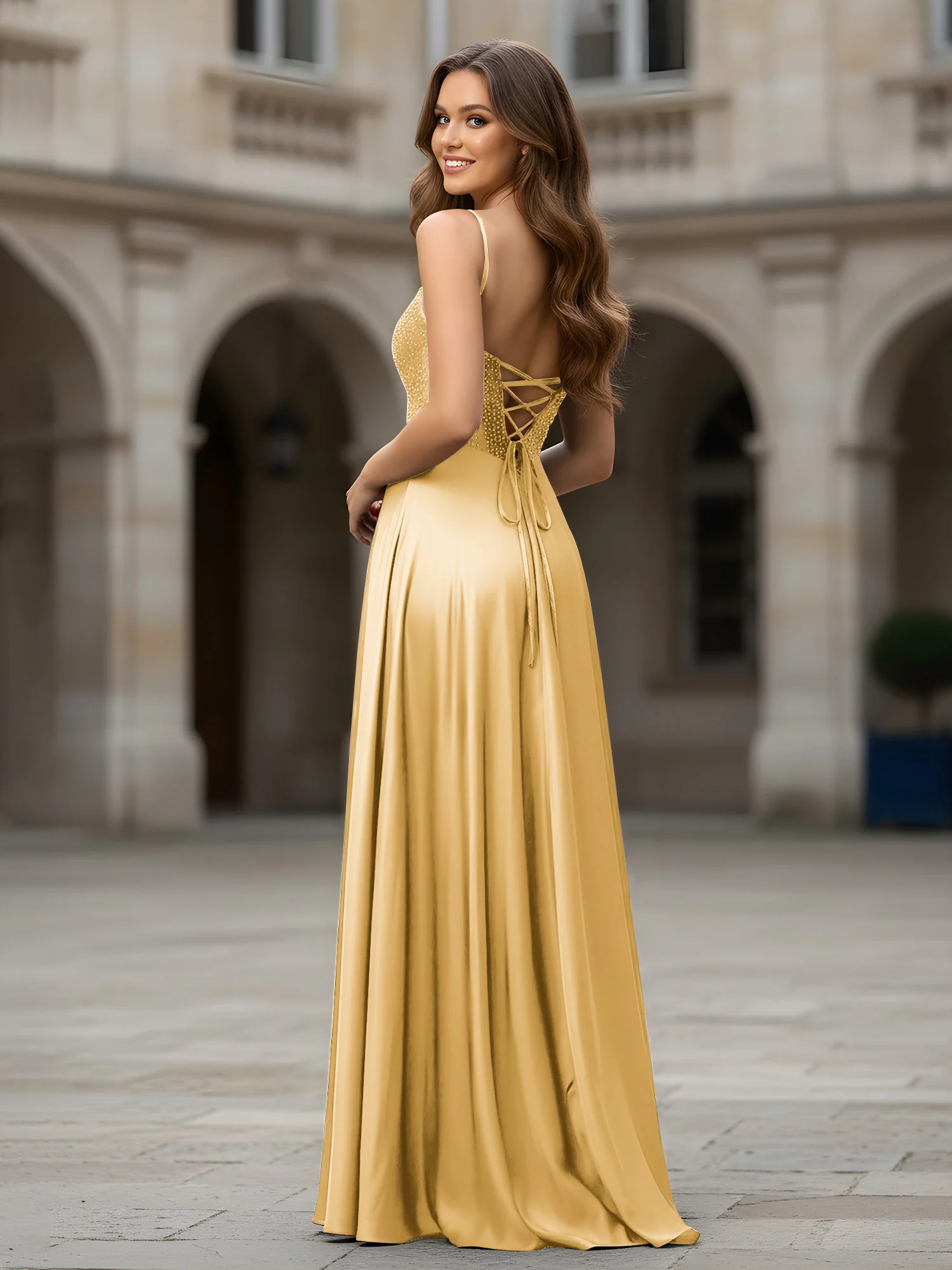 Sweetheart Beaded Bodice A-Line Long Dress Gold - Image 2