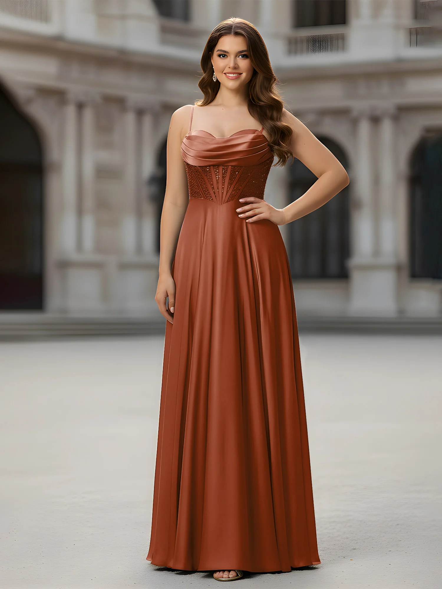 Sweetheart Beaded Bodice A-Line Long Dress Terracotta