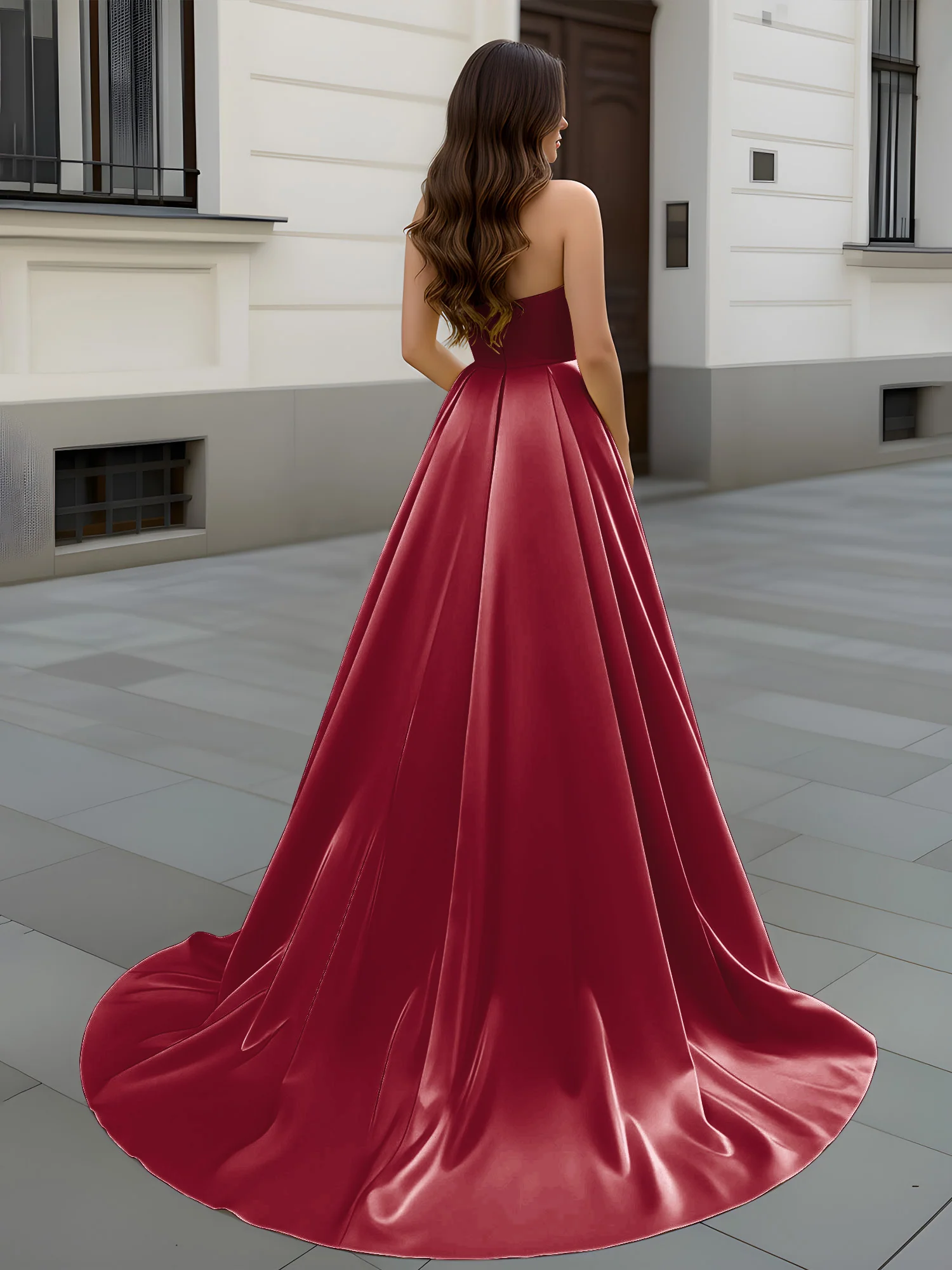 Sweetheart Neck A-Line Ruched Sweep Train Gown Burgundy - Image 2
