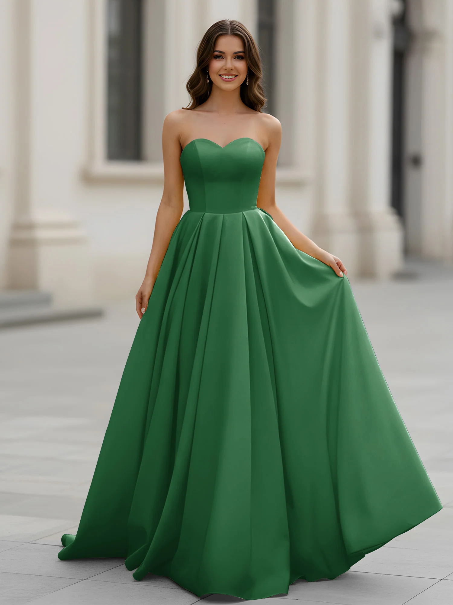 Sweetheart Neck A-Line Ruched Sweep Train Gown Emerald
