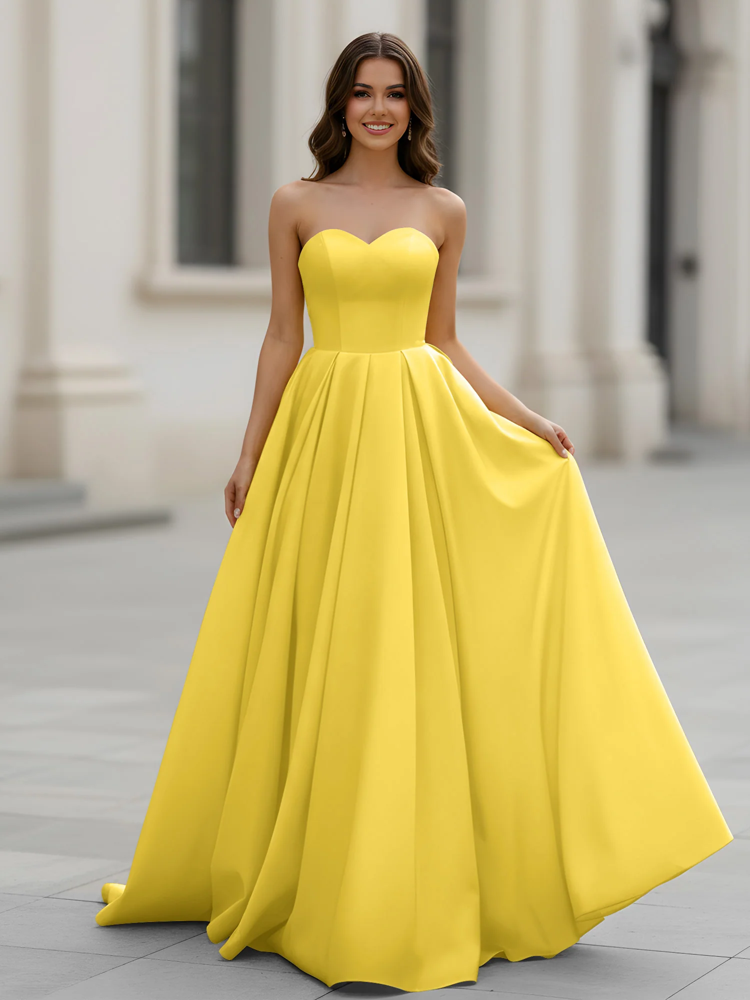 Sweetheart Neck A-Line Ruched Sweep Train Gown Marigold