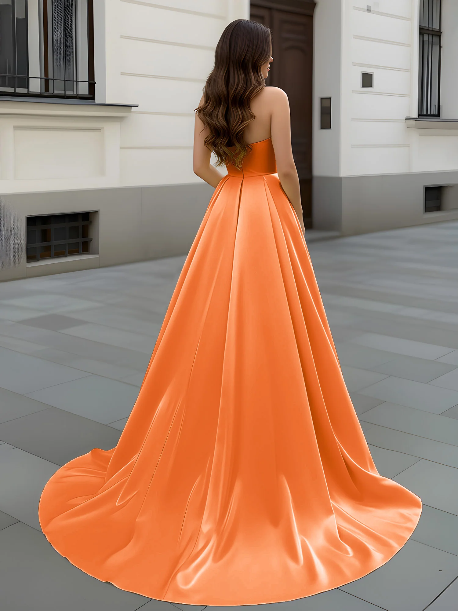Sweetheart Neck A-Line Ruched Sweep Train Gown Orange - Image 2