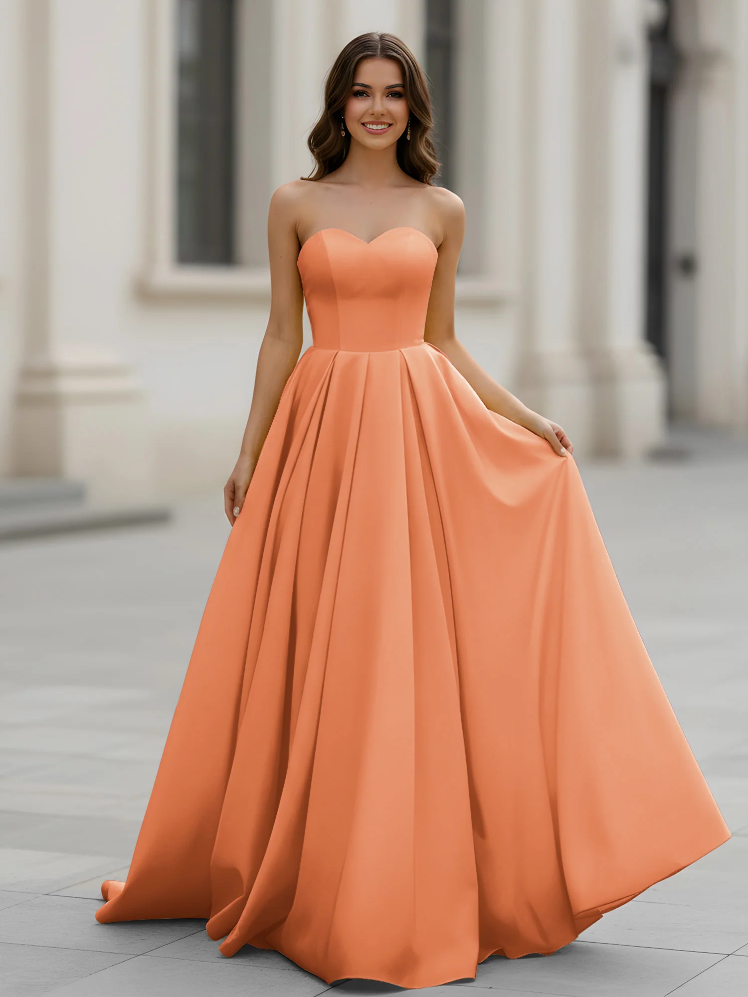 Sweetheart Neck A-Line Ruched Sweep Train Gown Papaya