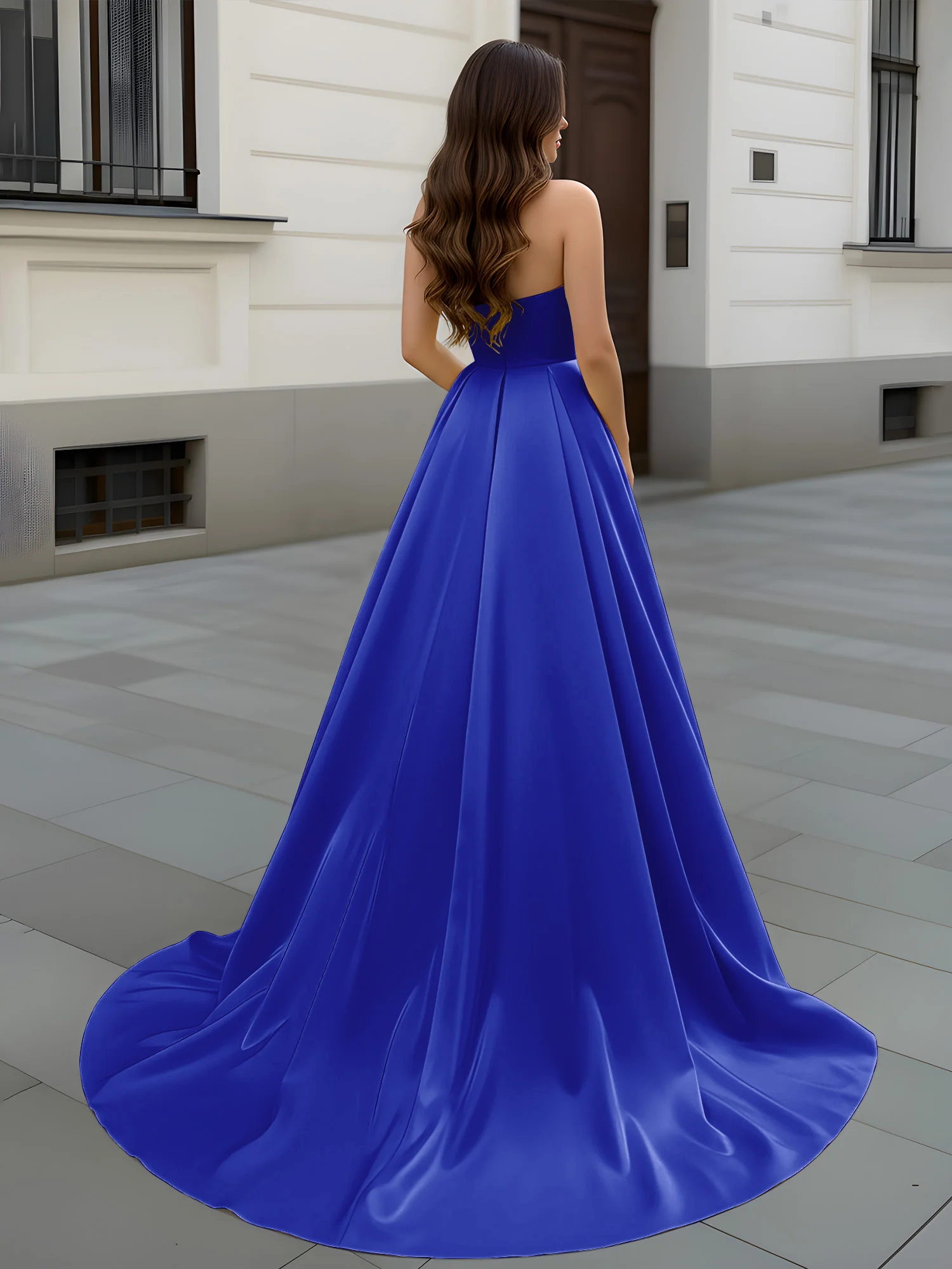 Sweetheart Neck A-Line Ruched Sweep Train Gown Royal Blue - Image 2
