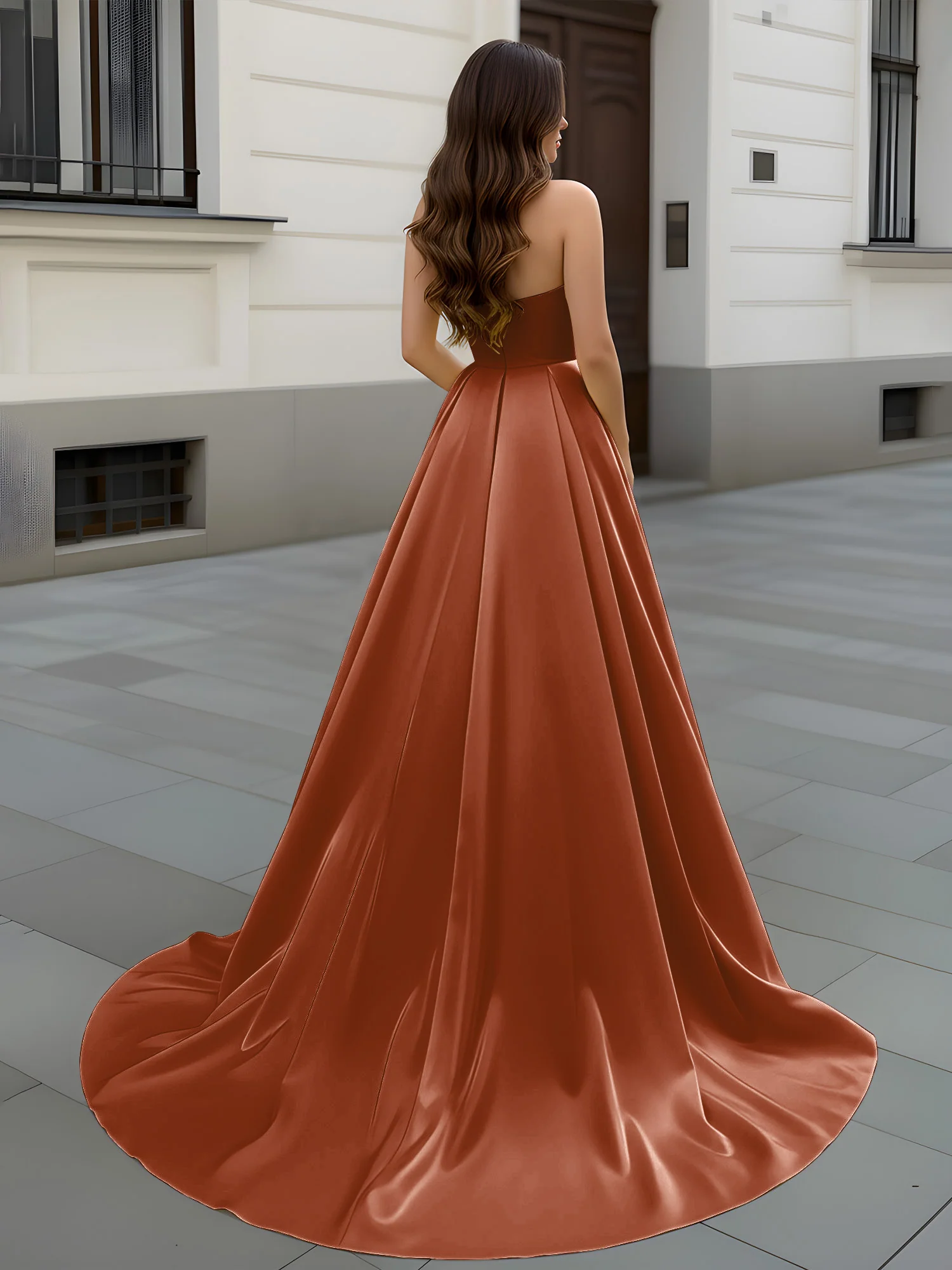 Sweetheart Neck A-Line Ruched Sweep Train Gown Terracotta - Image 2