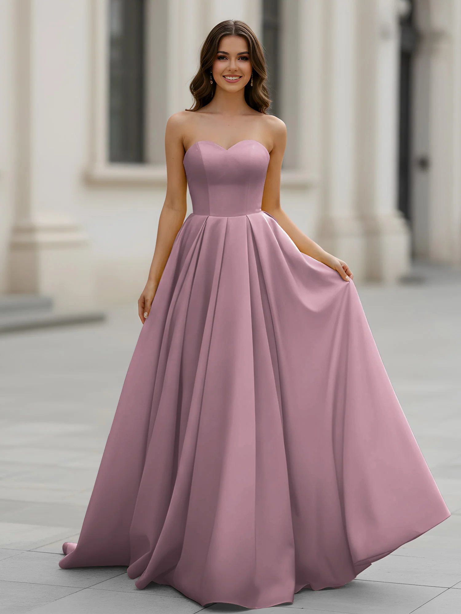 Sweetheart Neck A-Line Ruched Sweep Train Gown Vintage Mauve