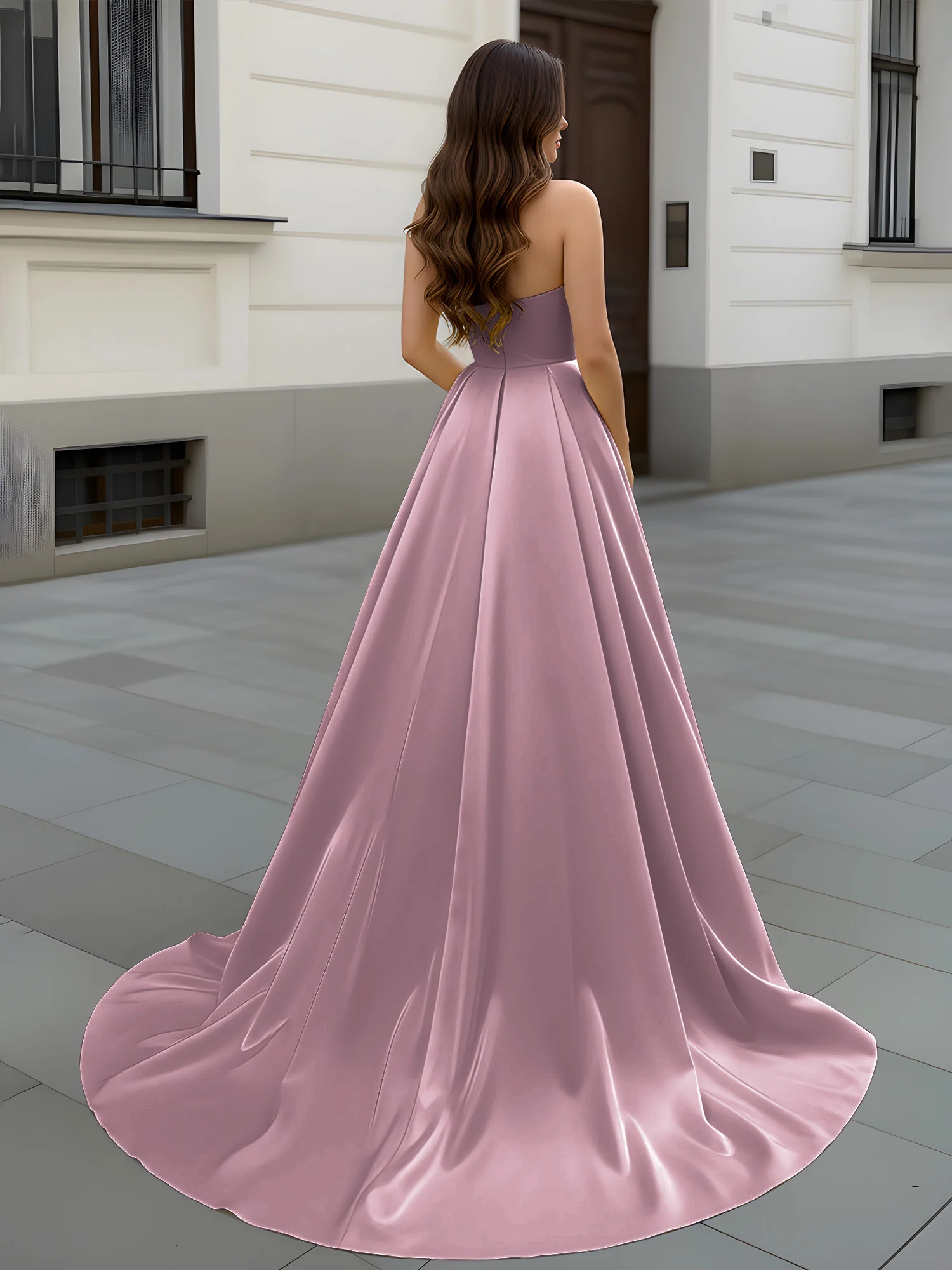 Sweetheart Neck A-Line Ruched Sweep Train Gown Vintage Mauve - Image 2