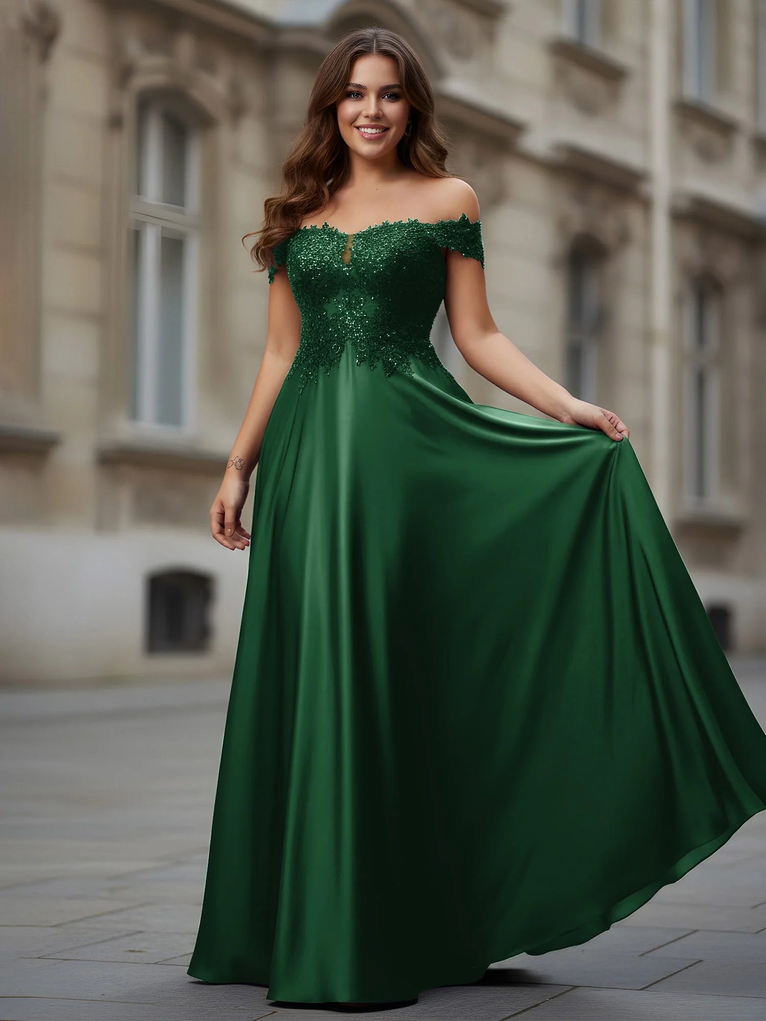 Off-the-shoulder Applique Bodice A-Line Long Dress Dark Green
