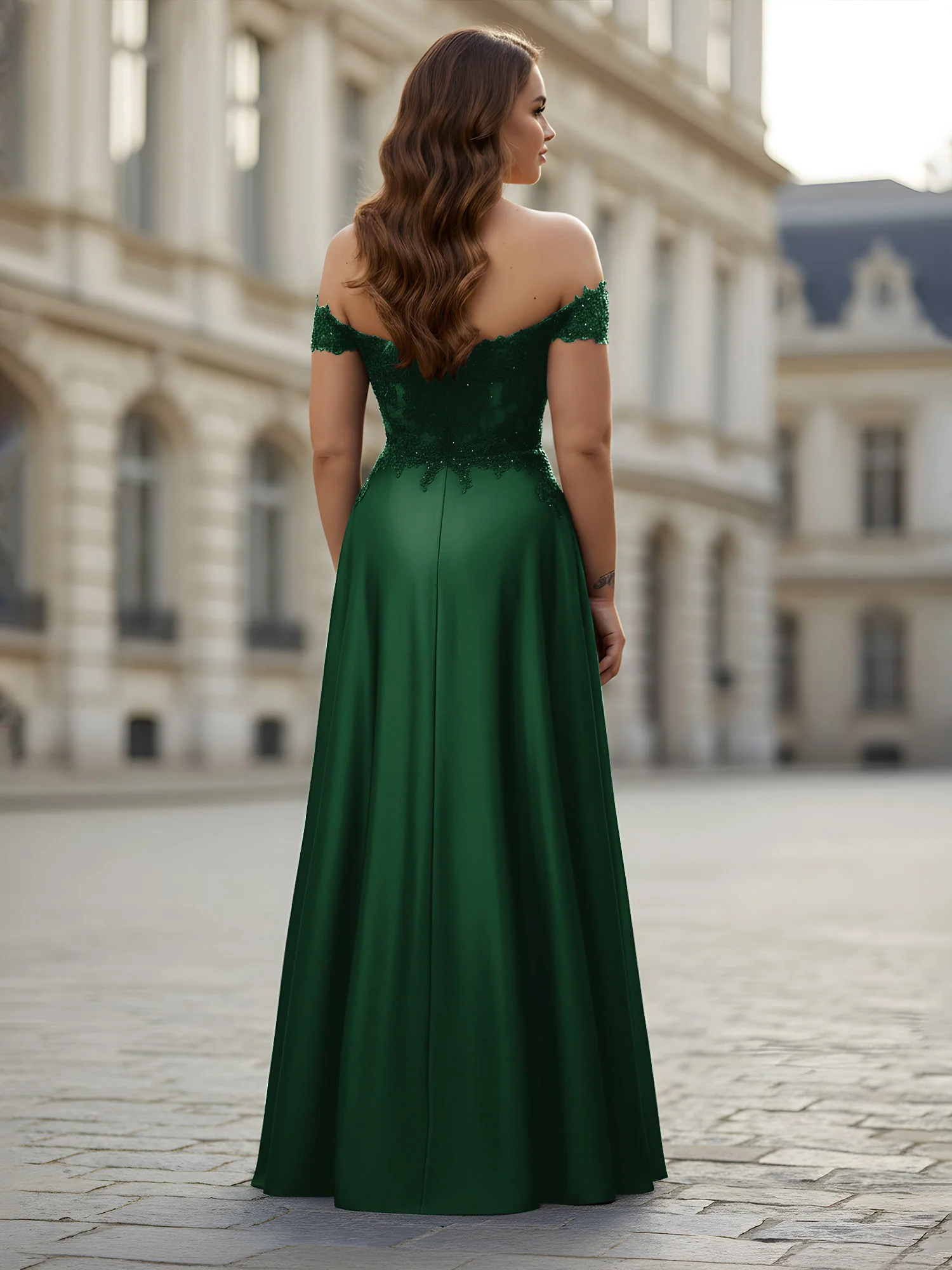 Off-the-shoulder Applique Bodice A-Line Long Dress Dark Green - Image 2