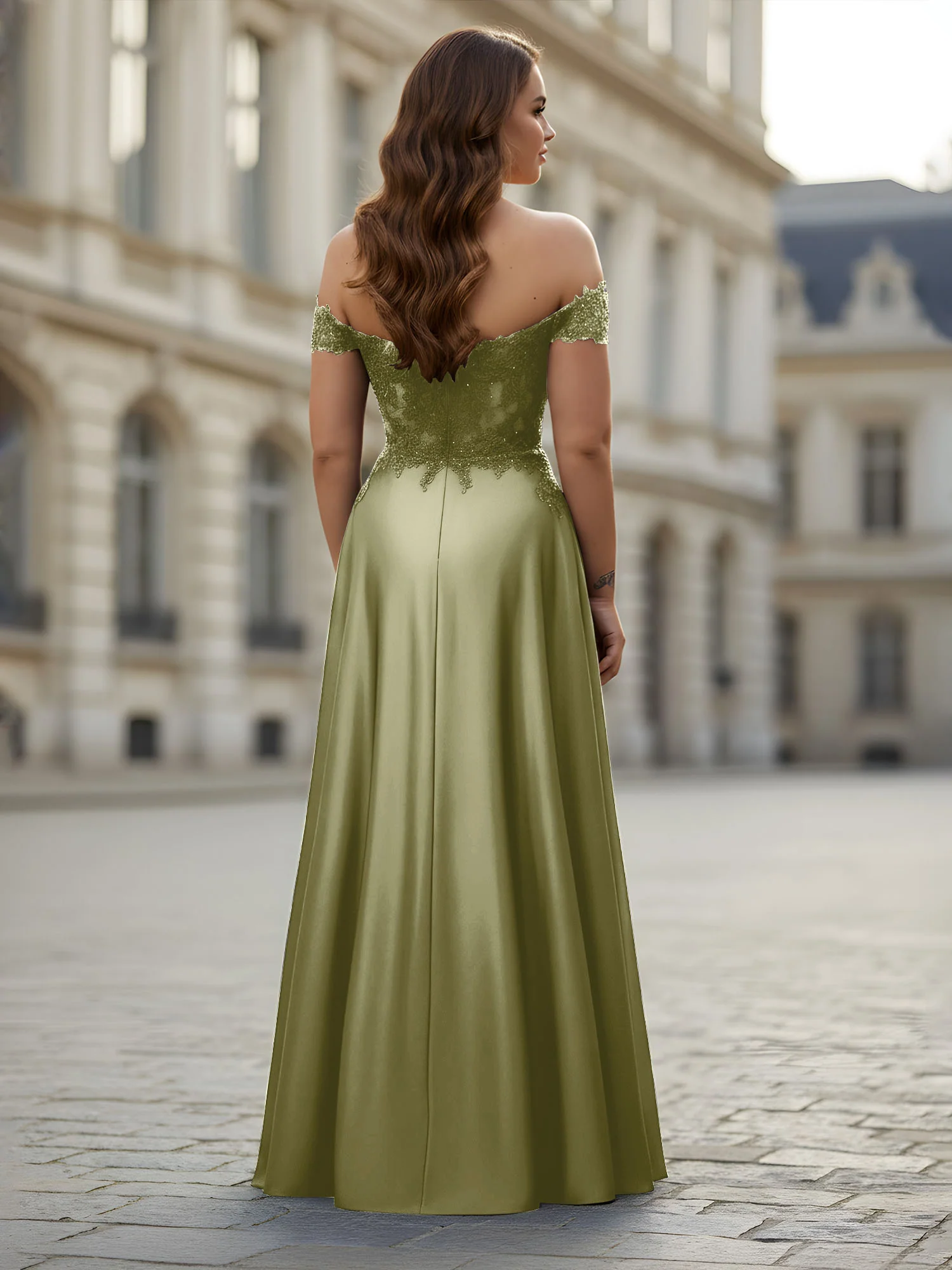 Off-the-shoulder Applique Bodice A-Line Long Dress Dusty Sage - Image 2