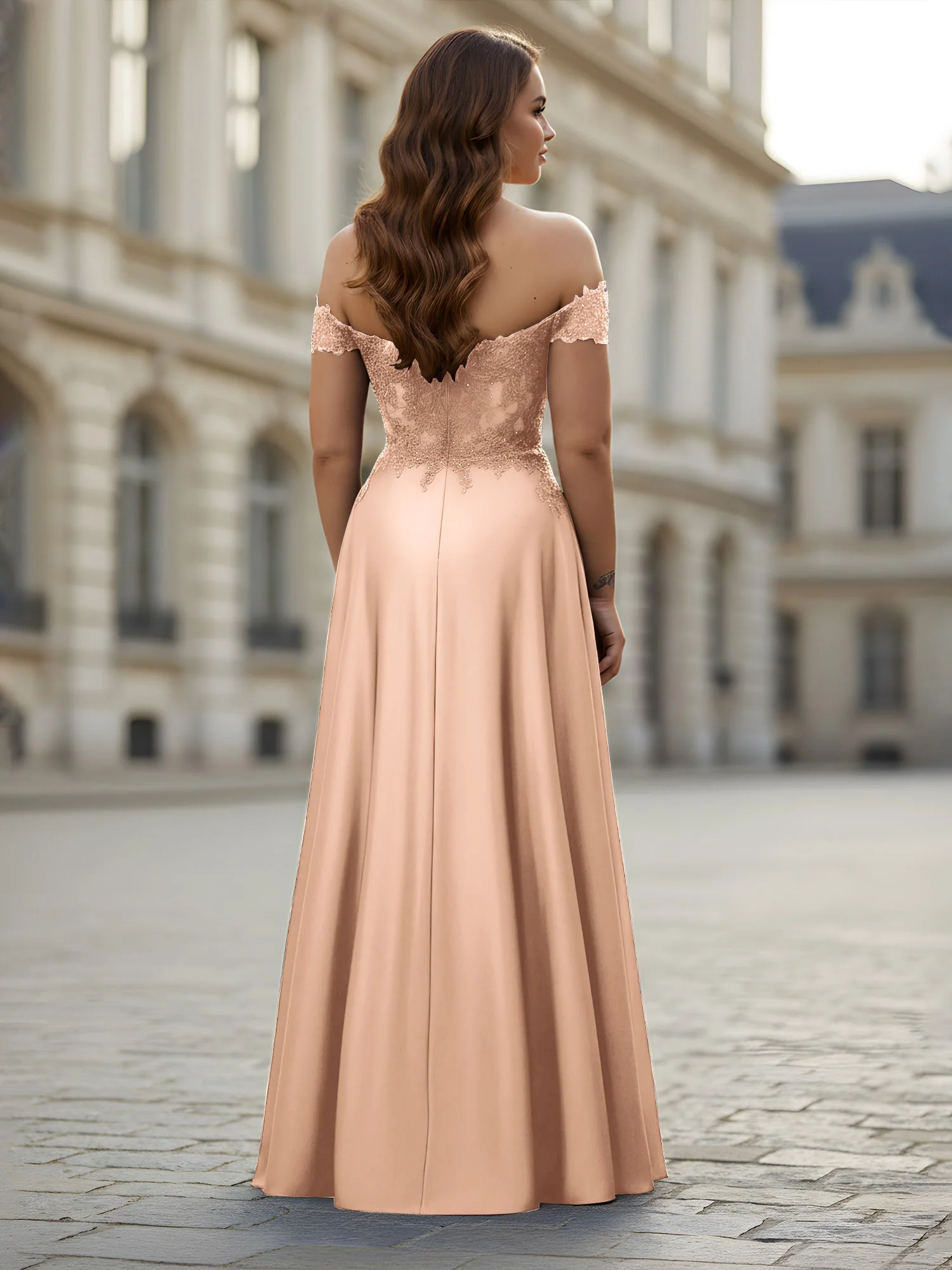 Off-the-shoulder Applique Bodice A-Line Long Dress Peach - Image 2