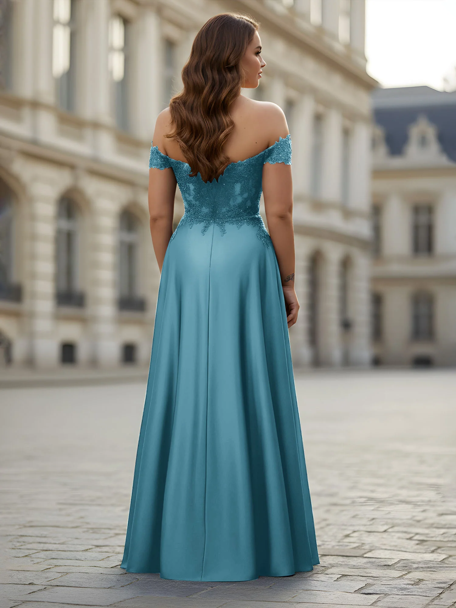 Off-the-shoulder Applique Bodice A-Line Long Dress Pool - Image 2