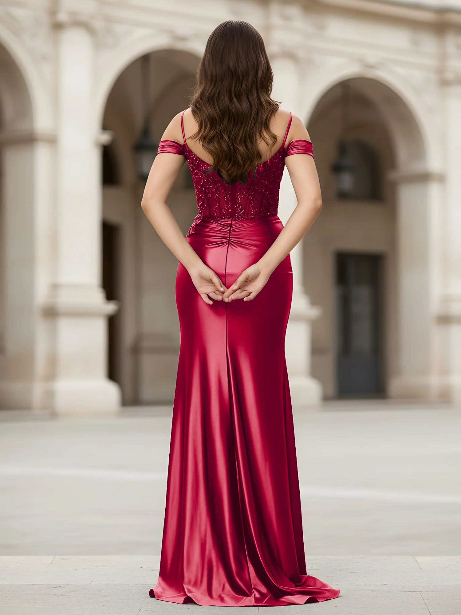 Off-the-shoulder Applique Corset Sheath Gown With Slit Burgundy - Image 2